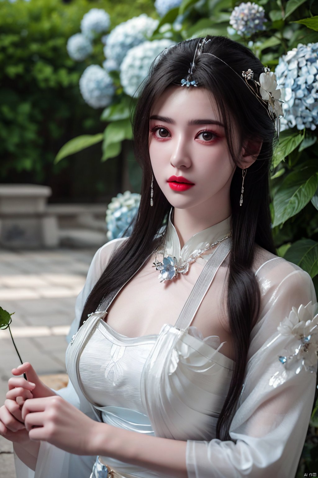  best quality,masterpiece,Xlimuwan,1girl,solo,very long hair,looking at viewer,jewelry,closed mouth,,sunlight,white dress,,(big breasts:1.29),X-Yunxiao,X-Hydrangea,