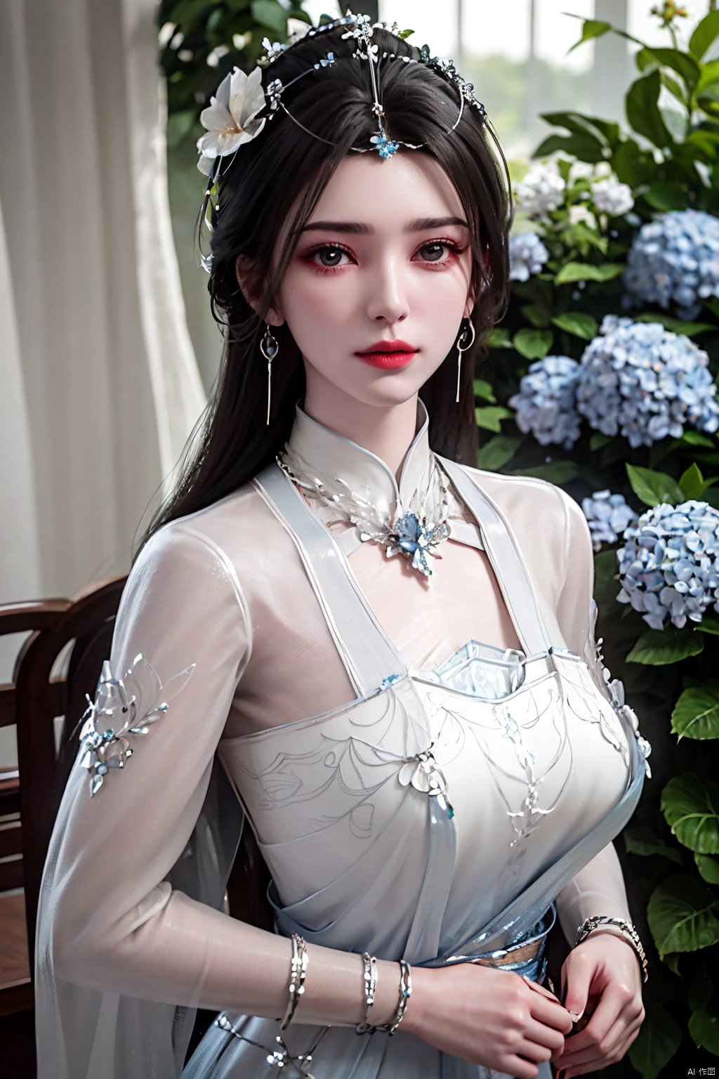  best quality,masterpiece,Xlimuwan,1girl,solo,very long hair,looking at viewer,jewelry,closed mouth,,sunlight,white dress,,(big breasts:1.29),X-Yunxiao,X-Hydrangea,