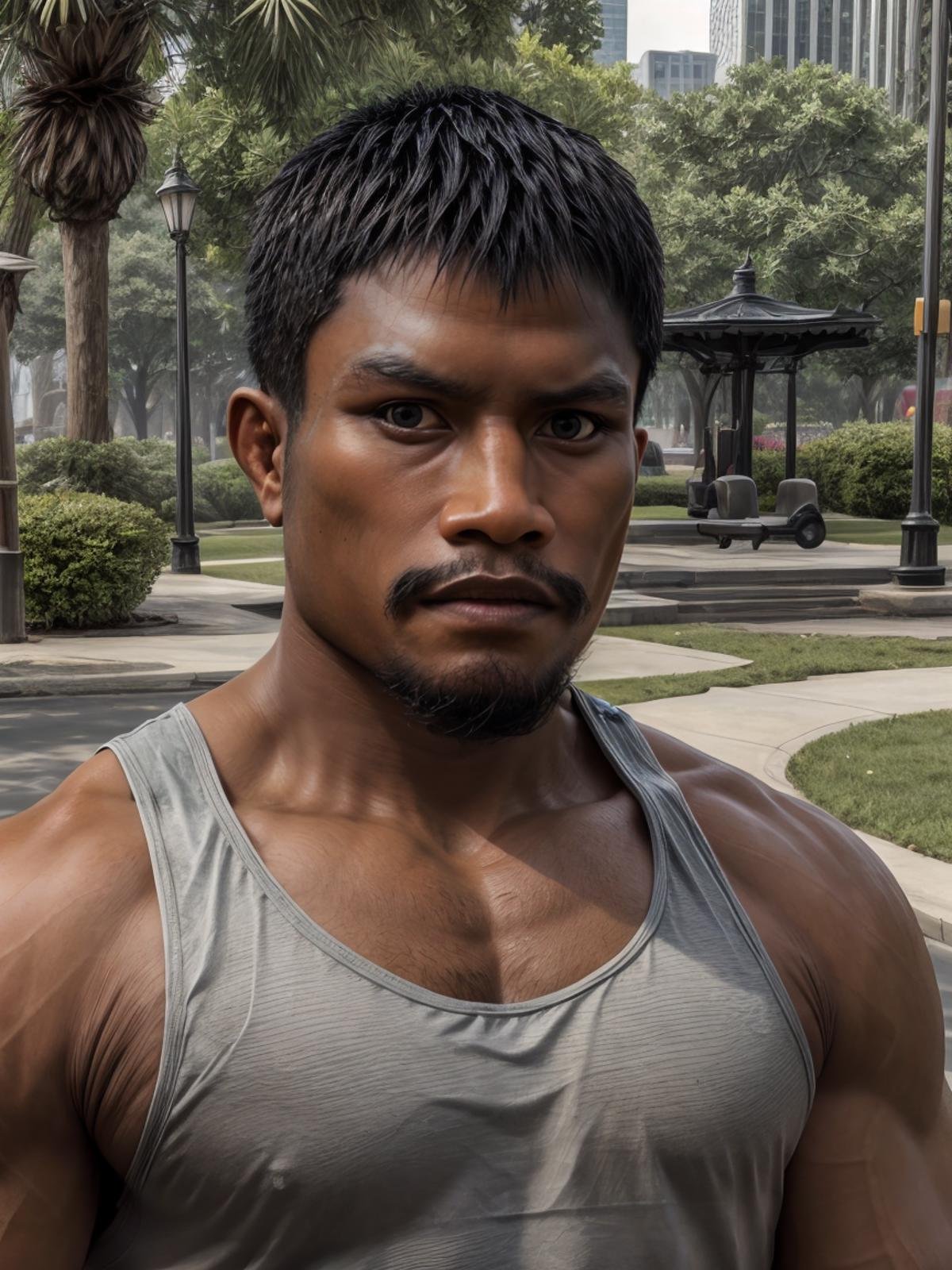 ultra realistic, unreal engine 5, anatomically correct, detailed eyes, detailed face, black eyes, thick eyebrows, male focus, solo, jackmuaythai, dark skin, beard, very short hair, tanktop, park,<lora:Add More Details:0.8><lora:Jackmuaythai H:0.9>