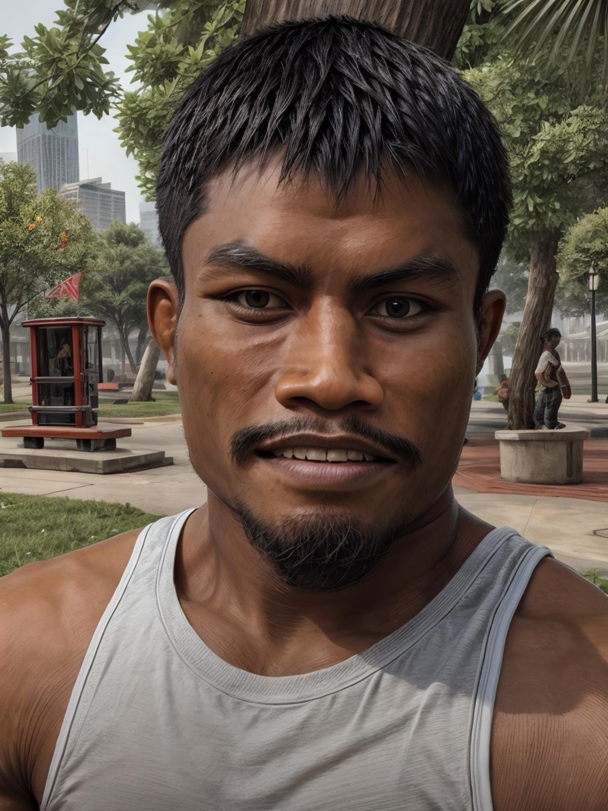 ultra realistic, unreal engine 5, anatomically correct, detailed eyes, detailed face, black eyes, thick eyebrows, male focus, solo, jackmuaythai, dark skin, beard, very short hair, tanktop, park, teeth, raised eyebrow, smirk,<lora:Add More Details:0.8><lora:Jackmuaythai H:1>