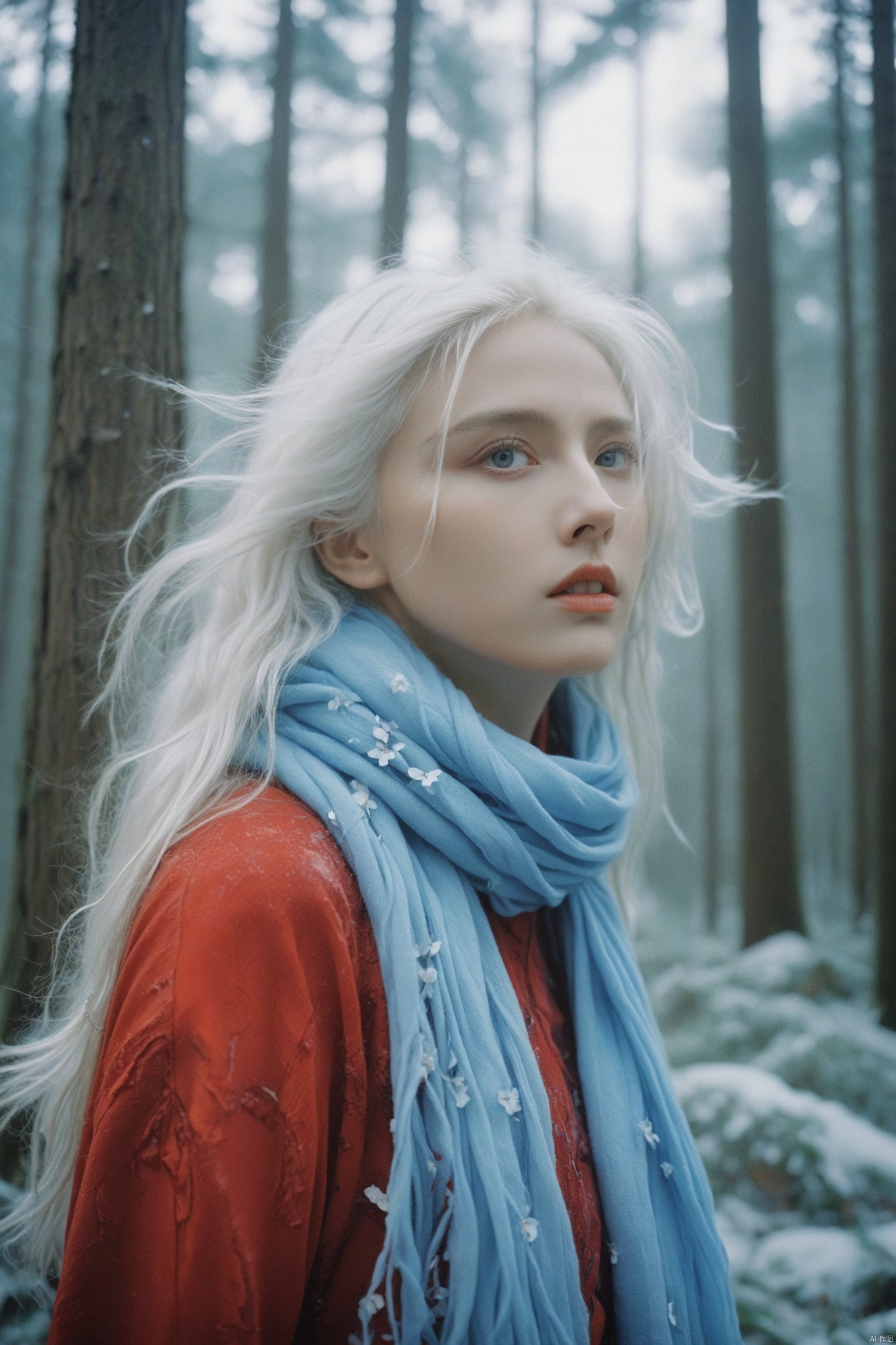 photograph, In a surreal and unexpected world, a fierce woman with long white hair and sparkling blue eyes stares out into the sky with piercing ice blue eyes. She wears a flowing red scarf that flows around her body, adding to its intensity. The scene is set in a lush forest, with flowers of every color blooming around it. The woman's face seems almost otherworldly. at Sunrise, Wide view, Cel shading, Confused, Feralcore, double exposure, Ilford HP5, vanishing point, Albumen, (key visual, cinematic grey Color grading)