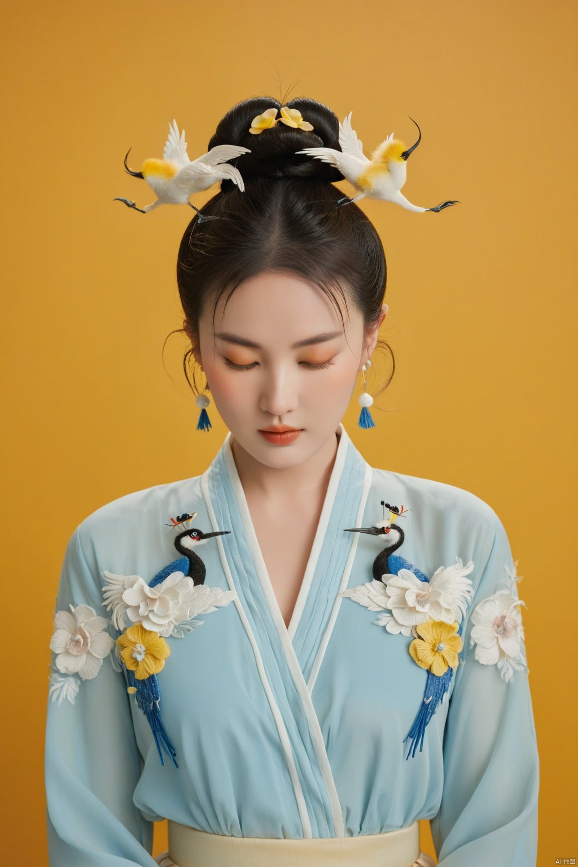 new chinese style,1girl,solo,closed eyes,black hair,hair bun,flower,bird,hair ornament,standing,blush,long sleeves,yellow background,crane (animal),double bun,blue flower,bangs,white flower, symmetrical composition,, masterpiece,best quality,very aesthetic,absurdres,