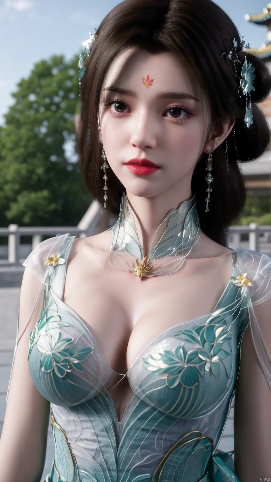 1girl, dress, forehead mark, hair rings, black hair, green dress, hair ornament, facial mark, chinese clothes, mischevious smile, perfect body, scenery, sharp focus, best quality, masterpiece, detailed outfit, illustration, perfect eyes, finely detailed beautiful anime eyes, realistic skin, intricate details, best lighting, depth of field, ultra high resolution,cowboy_shot, dynamic pose, dynamic angle,Xchengling,(big breasts:1.29),Hydrangea,Xlimuwan,Xyunxi,xhuolinger,Xlujiejie,X-Hydrangea