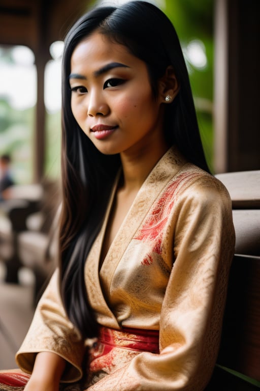 A young Indonesian woman, 20 years old, sits elegantly on a traditional wooden bench, adorned with intricate carvings. Her long black hair cascades down her back like a waterfall, framing her heart-shaped face. Soft golden lighting illuminates her features, accentuating her bright brown eyes and full lips. She wears a vibrant kebaya and sarong, the colors of which perfectly complement her sun-kissed skin tone.