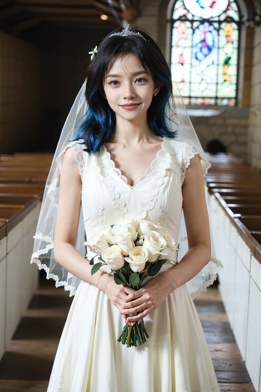 1girl, wedding scene, beautiful, black hair, long hair, (bride:1.2), white wedding dress, veil, holding bouquet, (smile:1.1), sparkling eyes, surrounded by guests, church interior, stained glass windows, flower decorations, candlelight, warm atmosphere, detailed background, depth of field, realistic, ambient light, (cinematic composition:1.3), high definition, best quality, masterpiece.