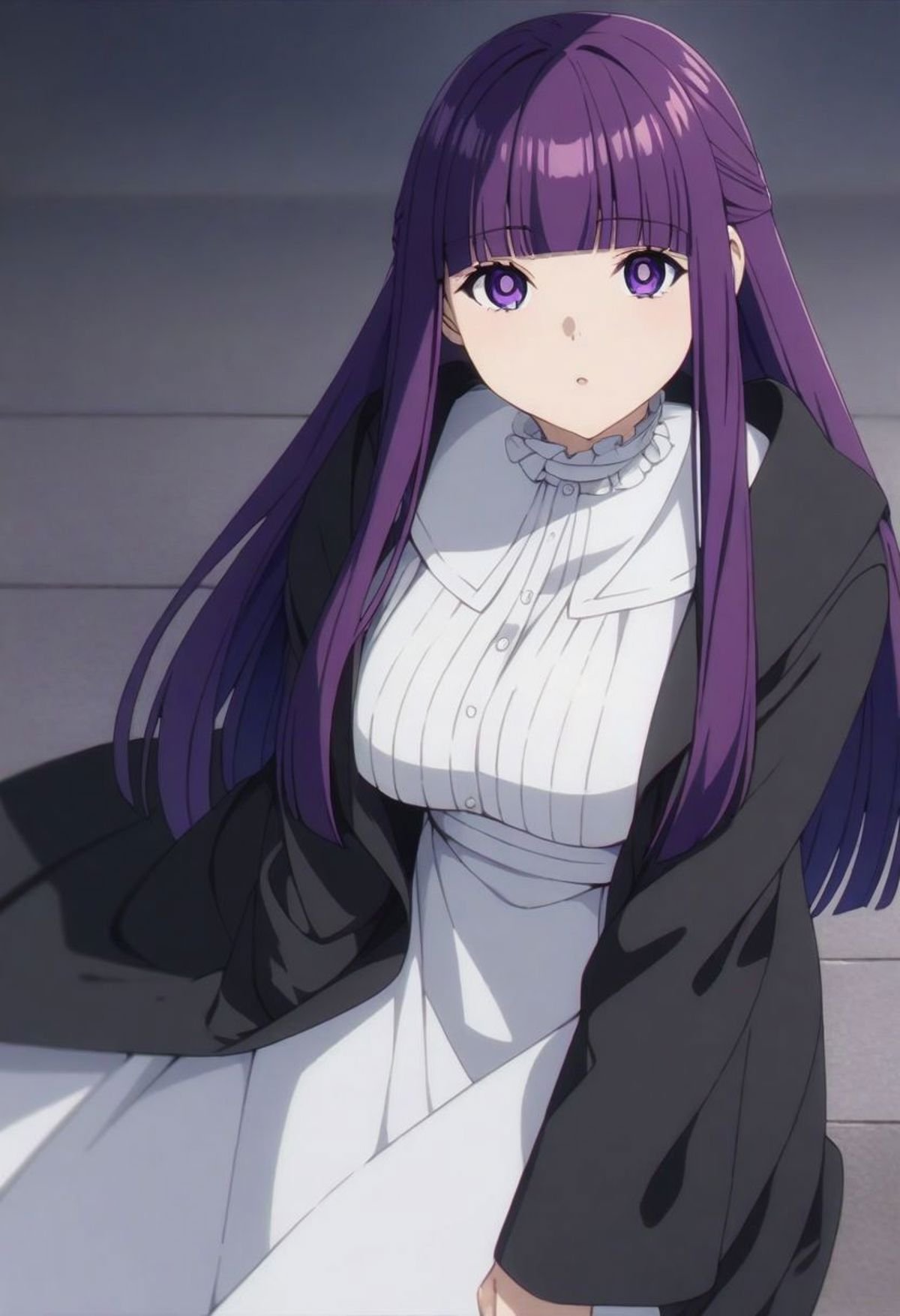 1girl, solo, purple_hair, purple_eyes, long_hair, blunt_bangs, large_breasts, white_dress, long_sleeves, frilled_collar, black_robe, 