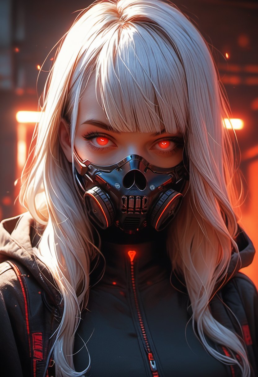 score_9, score_8_up, score_7_up,1girl, solo, long hair, looking at viewer, bangs, red eyes, jacket, upper body, white hair, hood, blunt bangs, open jacket, hoodie, mask, glowing, glowing eyes, hooded jacket, hood up, zipper, mouth mask, gas mask, cyberpunk,cyberpunk mask,mask, cyberpunk,Mask,portraitart