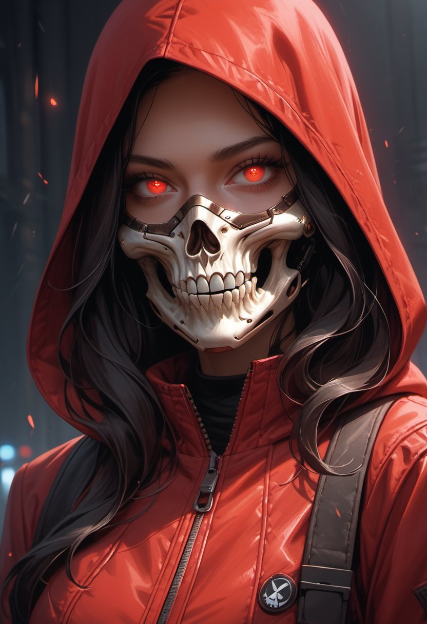 score_9, score_8_up, score_7_up,1girl, solo, long hair, looking at viewer, black hair, red eyes, upper body, teeth, hood, eyelashes, mask, glowing, slit pupils, portrait, glowing eyes, red headwear, red jacket, hood up,Skull mask,Cyberpunk mask, mouth mask,score_9, score_6,2D