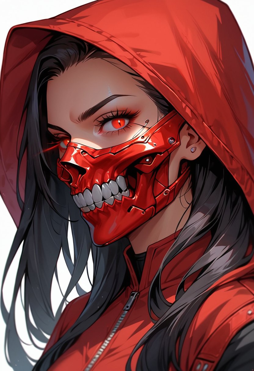 score_9, score_8_up, score_7_up,1girl, solo, long hair, looking at viewer, black hair, red eyes, upper body, teeth, hood, eyelashes, mask, glowing, slit pupils, portrait, glowing eyes, red headwear, red jacket, hood up,Skull mask,Cyberpunk mask, mouth mask,score_9, score_6,2D