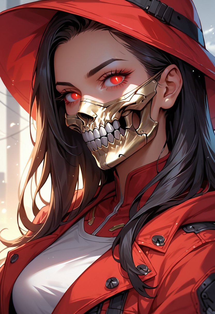 score_9, score_8_up, score_7_up,1girl, solo, long hair, looking at viewer, black hair, red eyes, upper body, teeth, hood, eyelashes, mask, glowing, slit pupils, portrait, glowing eyes, red headwear, red jacket, hood up,Skull mask,Cyberpunk mask, mouth mask,score_9, score_6,2D