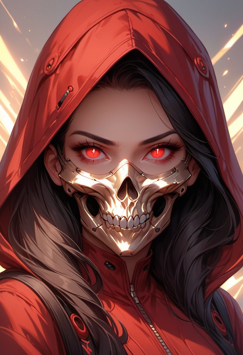 score_9, score_8_up, score_7_up,1girl, solo, long hair, looking at viewer, black hair, red eyes, upper body, teeth, hood, eyelashes, mask, glowing, slit pupils, portrait, glowing eyes, red headwear, red jacket, hood up,Skull mask,Cyberpunk mask, mouth mask,score_9