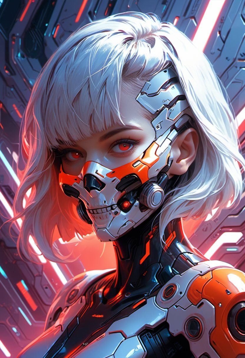 score_9, score_8_up, score_7_up,1girl, solo, looking at viewer, short hair, bangs, red eyes, white hair, hand up, hair over one eye, bodysuit, mask, glowing, portrait, science fiction, mouth mask,cyberpunk mask,mask, cyberpunk,Mask,portraitart