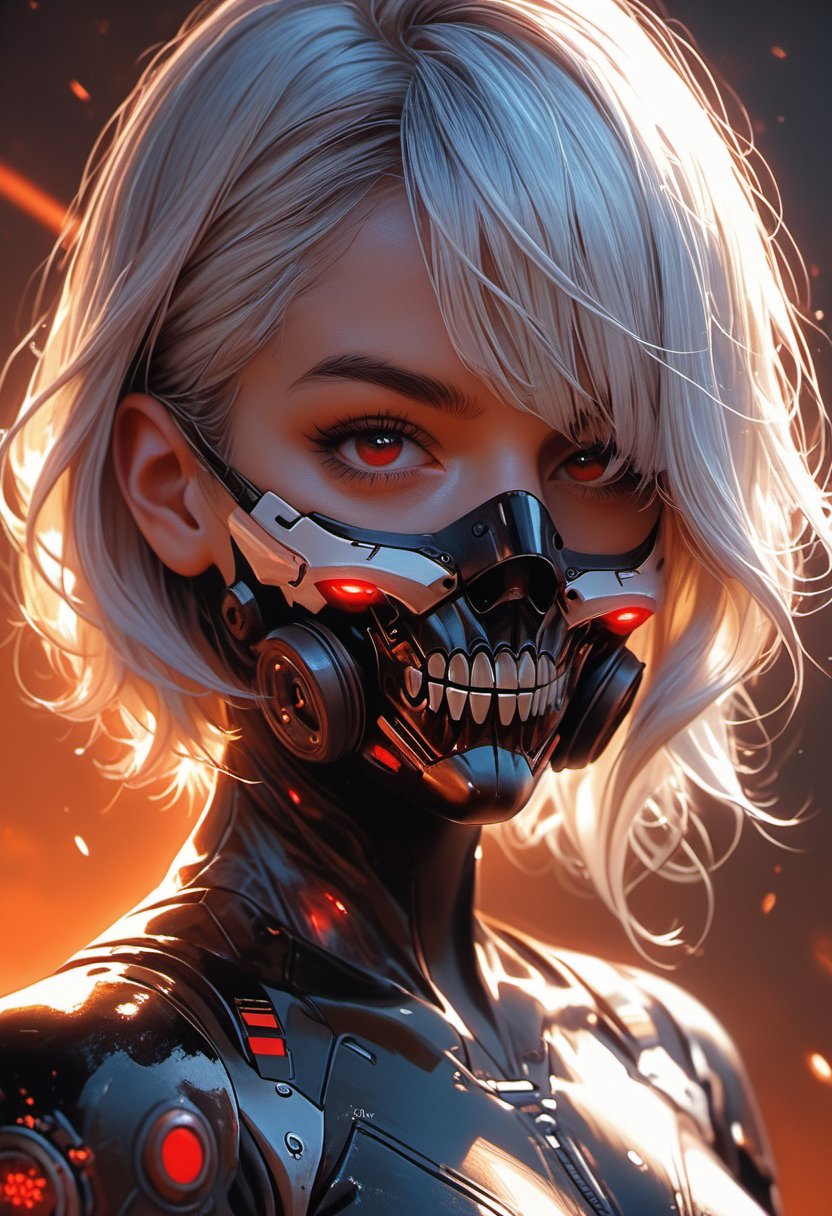 score_9, score_8_up, score_7_up,1girl, solo, looking at viewer, short hair, bangs, red eyes, white hair, hand up, hair over one eye, bodysuit, mask, glowing, portrait, science fiction, mouth mask,cyberpunk mask,mask, cyberpunk,Mask