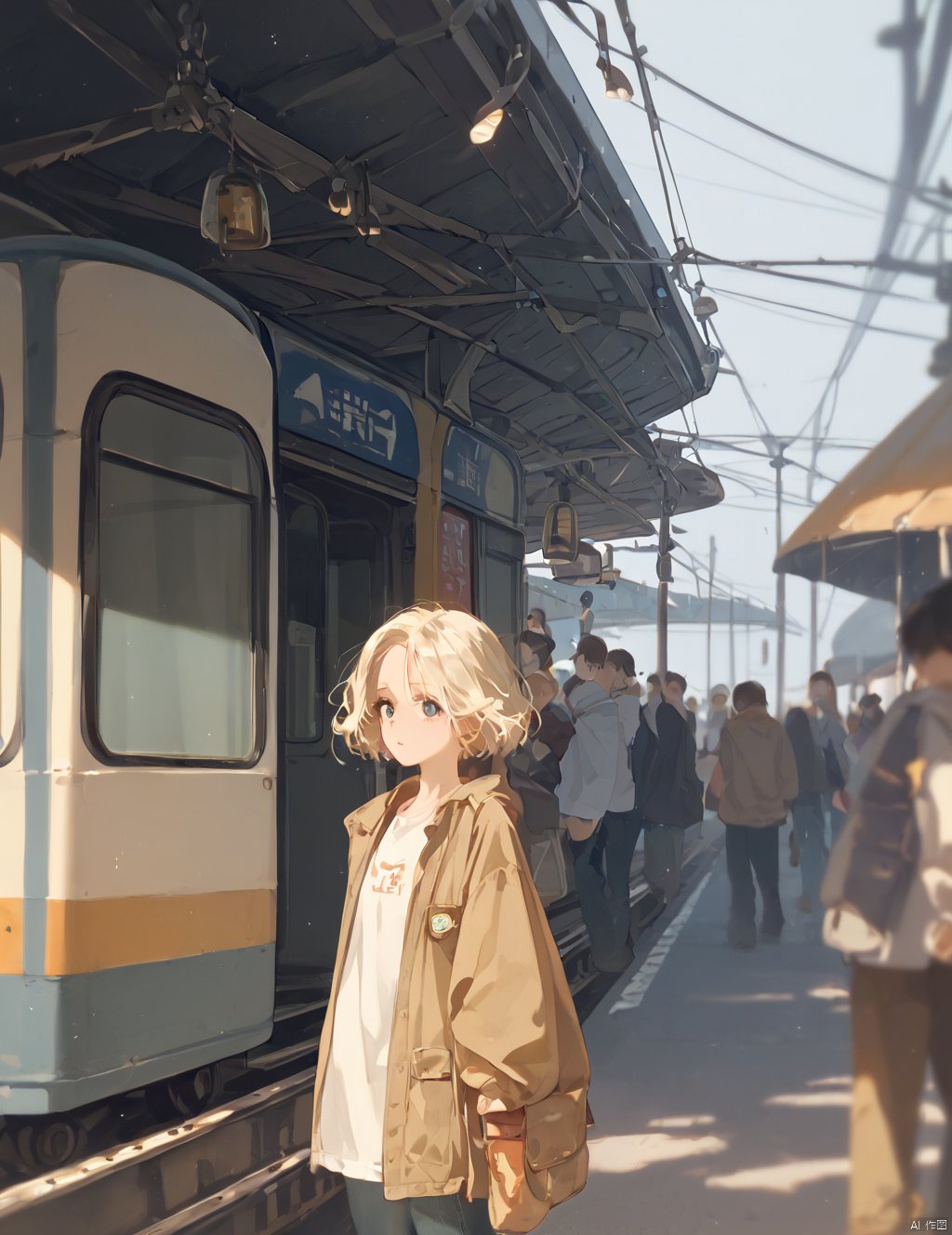 cinematic film still (score_9_up,score_8_up),1girl,train train station,crowd,depth of field,upper body,best quality,detail eyes, . shallow depth of field, vignette, highly detailed, high budget, bokeh, cinemascope, moody, epic, gorgeous, film grain, grainy