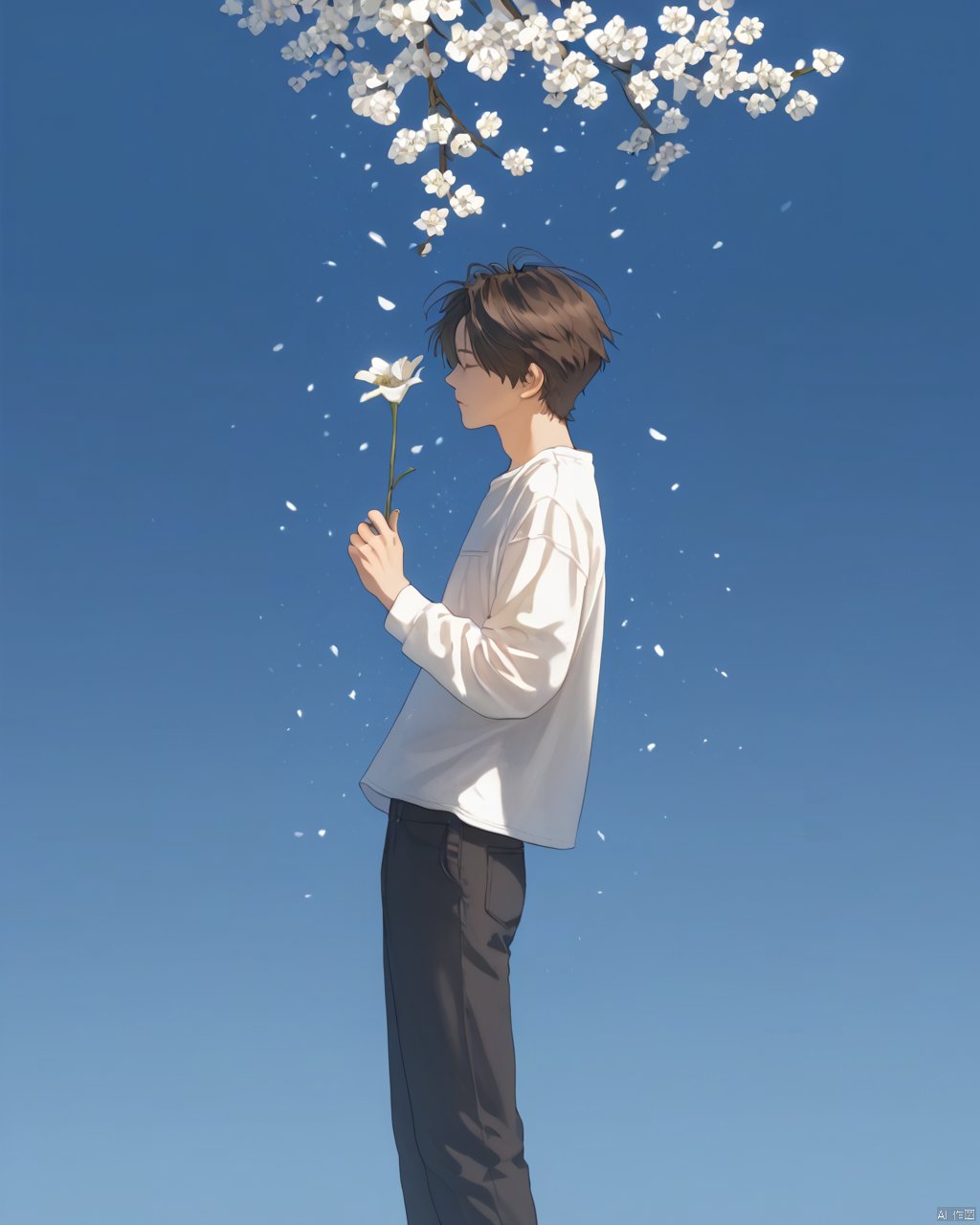 solo, short hair, simple background, brown hair, shirt, black hair, long sleeves, 1boy, holding, standing, closed eyes, white shirt, flower, male focus, sky, barefoot, pants, from side, gradient, gradient background, profile, blue background, black pants, bug, white flower, wind, light particles, backlighting, branch