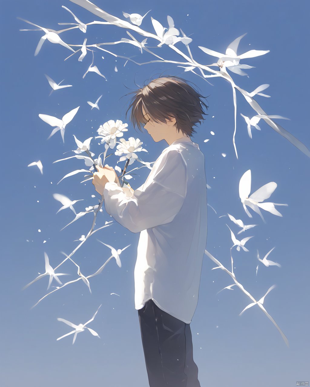 solo, short hair, simple background, brown hair, shirt, black hair, long sleeves, 1boy, holding, standing, closed eyes, white shirt, flower, male focus, sky, barefoot, pants, from side, gradient, gradient background, profile, blue background, black pants, bug, white flower, wind, light particles, backlighting, branch