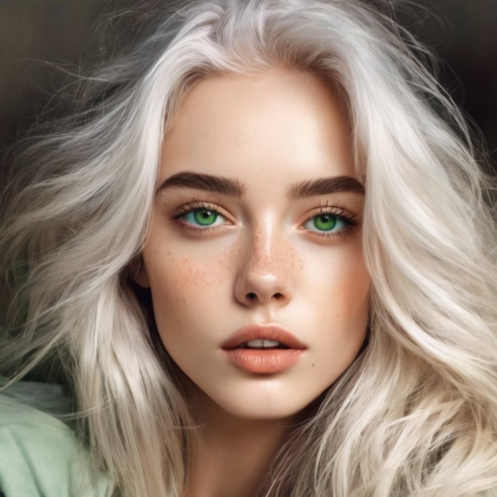 Ultra detailed, 8k quality, illustration, beautiful young woman, 1girl, solo, long hair, looking at viewer, white hair, messy hair, closed mouth, green eyes,  parted detailed lips, potrait, close-up,freckles, ultra realestic, Add_More_Details