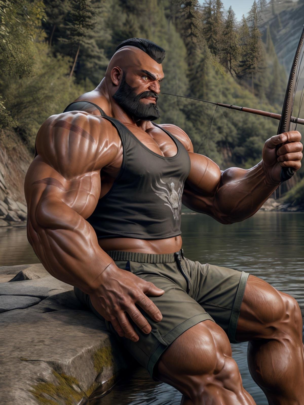 ultra realistic, unreal engine 5, anatomically correct, detailed eyes, detailed face, brown eyes, thick eyebrows, male focus, solo, zangief, bodybuilder, scar, mohawk, ((tank top)), shorts, ((holding fishing rod, fishing)), sitting by the river, from side,<lora:Add More Details:0.8><lora:Zangief SFV B:0.8>