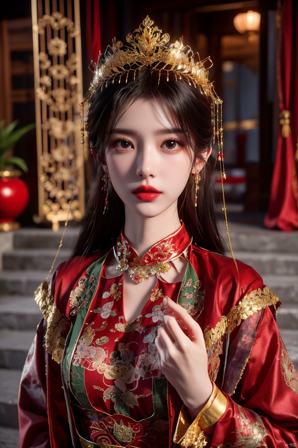 masterpiece,1girl,artist name,bangs,black eyes,black hair,chinese clothes,crown,floral print,gem,gold,jewelry,lips,lipstick,long hair,looking at viewer,makeup,red lips,solo,earrings,hair ornament,necklace,red dress,Red cloth shoes,indoor, traditional wedding, festive, wedding, ,Xlimuwan, hanfu,fengguanxiapei,Xchengling,Xyunxi, Yunxiao_Fairy