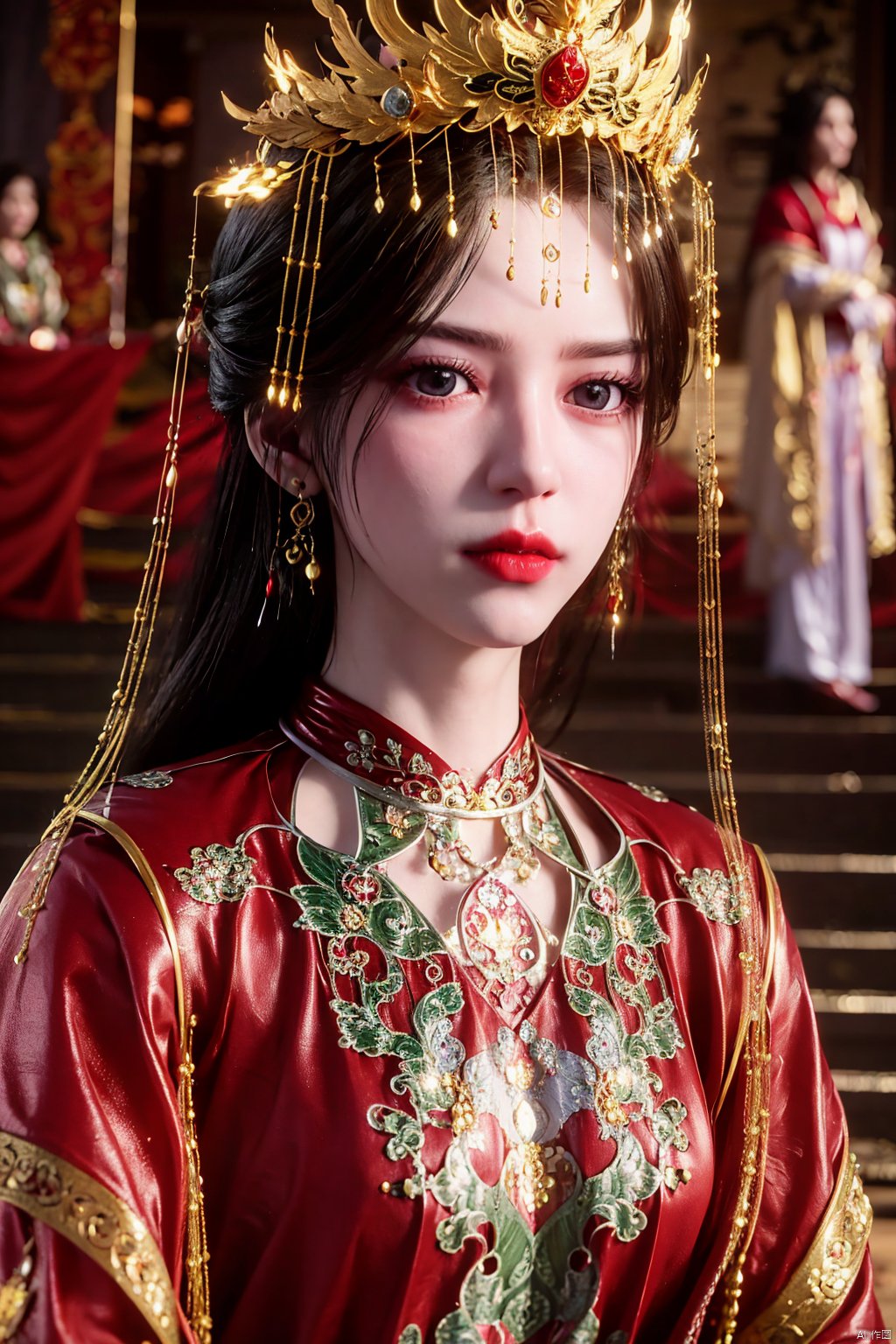 masterpiece,1girl,artist name,bangs,black eyes,black hair,chinese clothes,crown,floral print,gem,gold,jewelry,lips,lipstick,long hair,looking at viewer,makeup,red lips,solo,earrings,hair ornament,necklace,red dress,Red cloth shoes,indoor, traditional wedding, festive, wedding, ,Xlimuwan, hanfu,fengguanxiapei,Xchengling,Xyunxi, Yunxiao_Fairy,Xyunluo