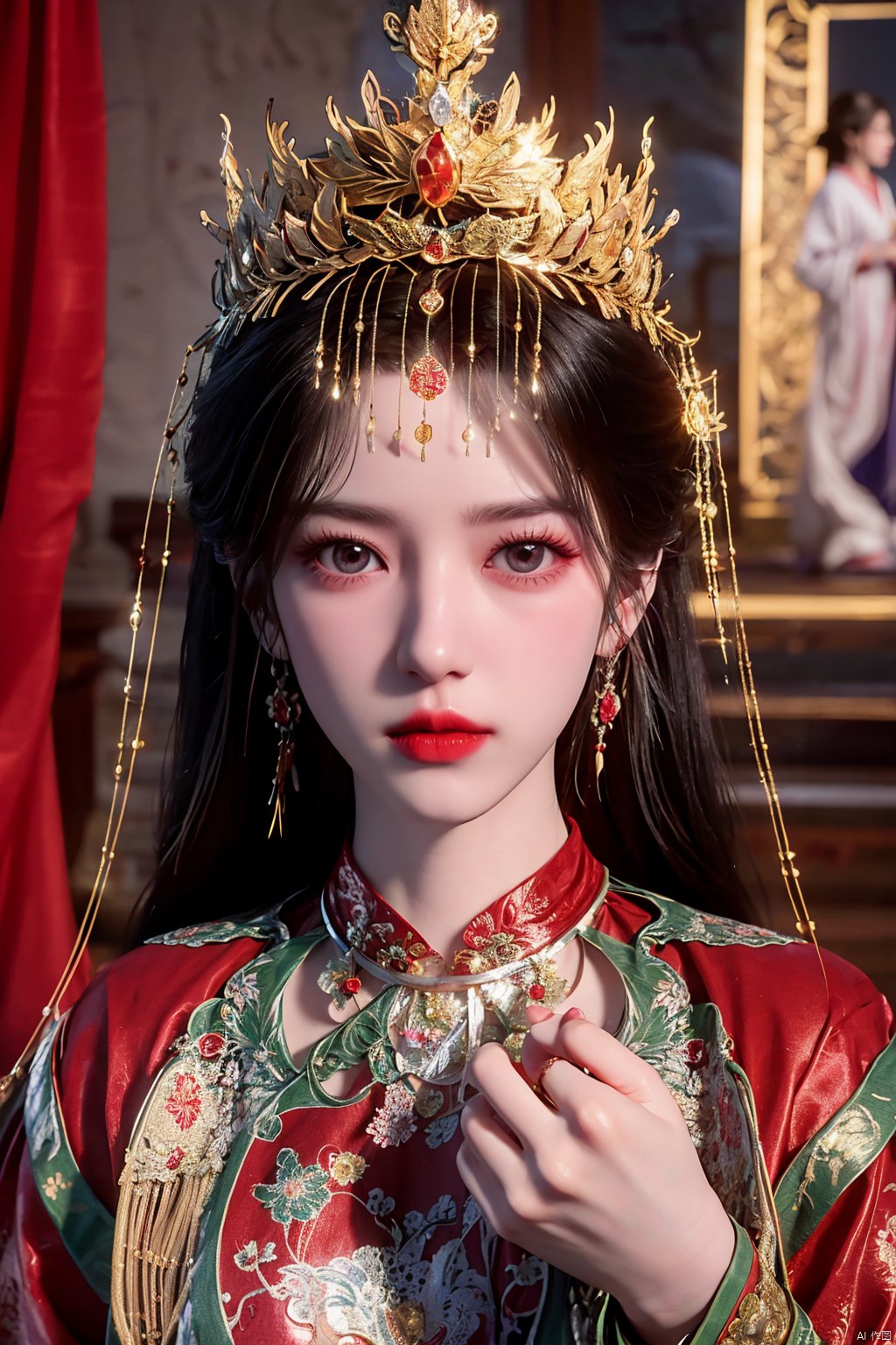 masterpiece,1girl,artist name,bangs,black eyes,black hair,chinese clothes,crown,floral print,gem,gold,jewelry,lips,lipstick,long hair,looking at viewer,makeup,red lips,solo,earrings,hair ornament,necklace,red dress,Red cloth shoes,indoor, traditional wedding, festive, wedding, ,Xlimuwan, hanfu,fengguanxiapei,Xchengling,Xyunxi, Yunxiao_Fairy,Xyunluo