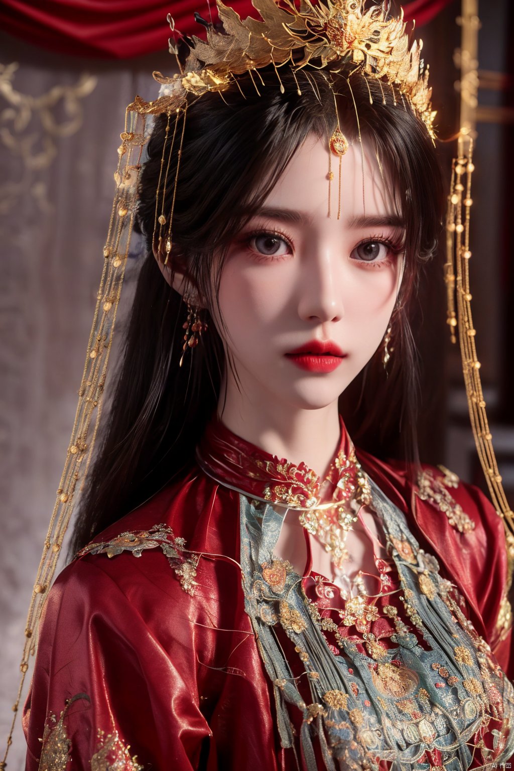 masterpiece,1girl,artist name,bangs,black eyes,black hair,chinese clothes,crown,floral print,gem,gold,jewelry,lips,lipstick,long hair,looking at viewer,makeup,red lips,solo,earrings,hair ornament,necklace,red dress,Red cloth shoes,indoor, traditional wedding, festive, wedding, ,Xlimuwan, hanfu,fengguanxiapei,Xchengling,Xyunxi, Yunxiao_Fairy,Xyunluo