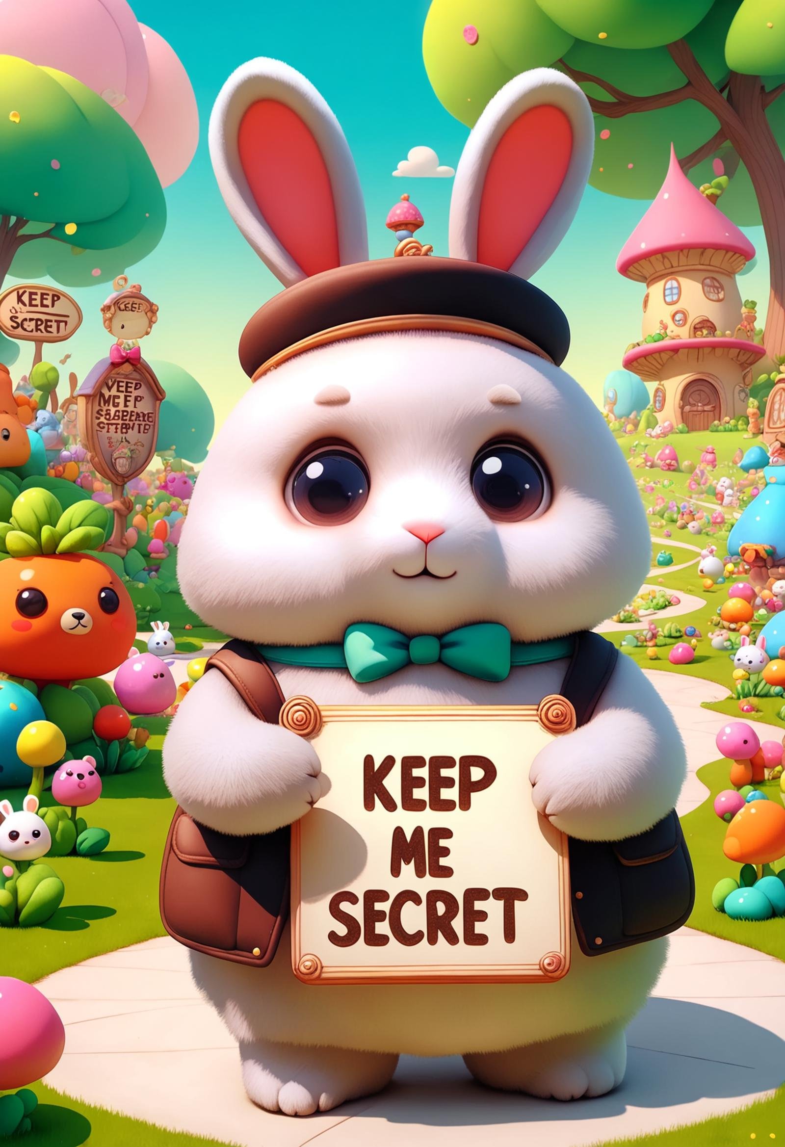 DonMK33pM3F3dXL text "Keep me Secret HQ", rabbit-bear, small stocky, illusive cute agile timeless unaging awesome fairytale creature, soft,cultural events,practical application,classical   <lora:DonMK33pM3F3dXL:1>