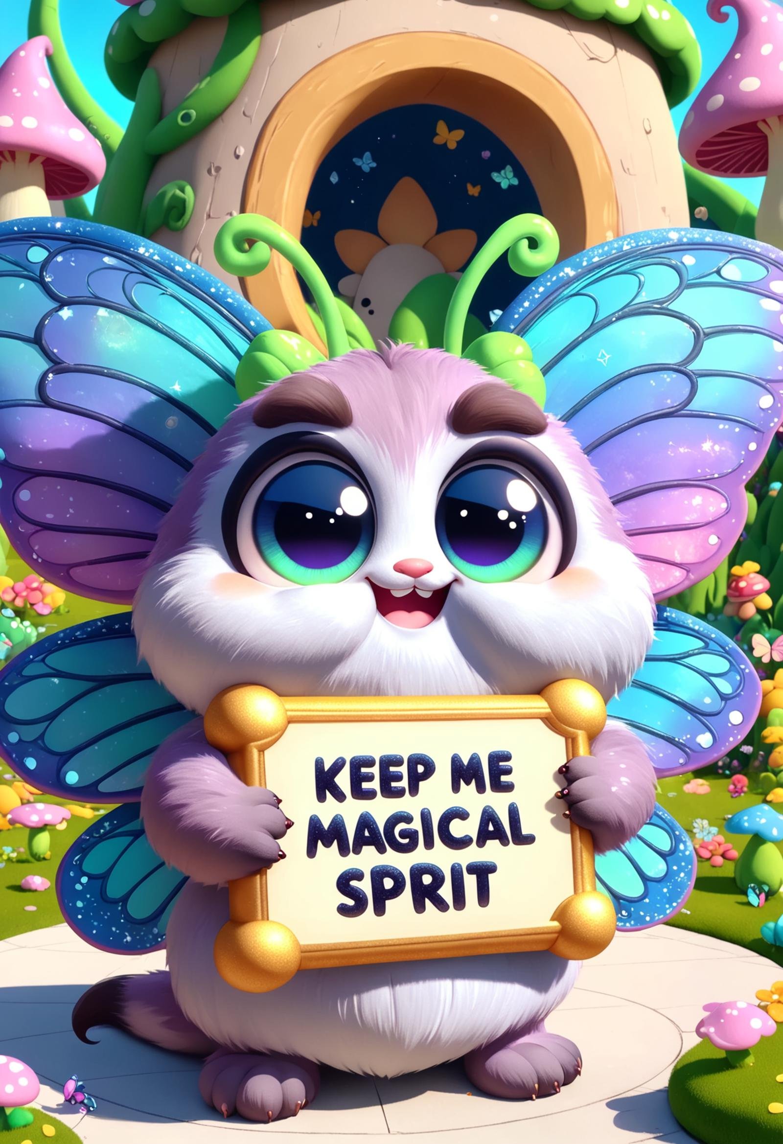 DonMK33pM3F3dXL text "Keep me magical", tiny gargantuan vascular minimalist ethereal spirit, decapod armless, furry appendages,  short-tailed, metallic skin,  furry ears,  butterfly wings,   <lora:DonMK33pM3F3dXL:1>