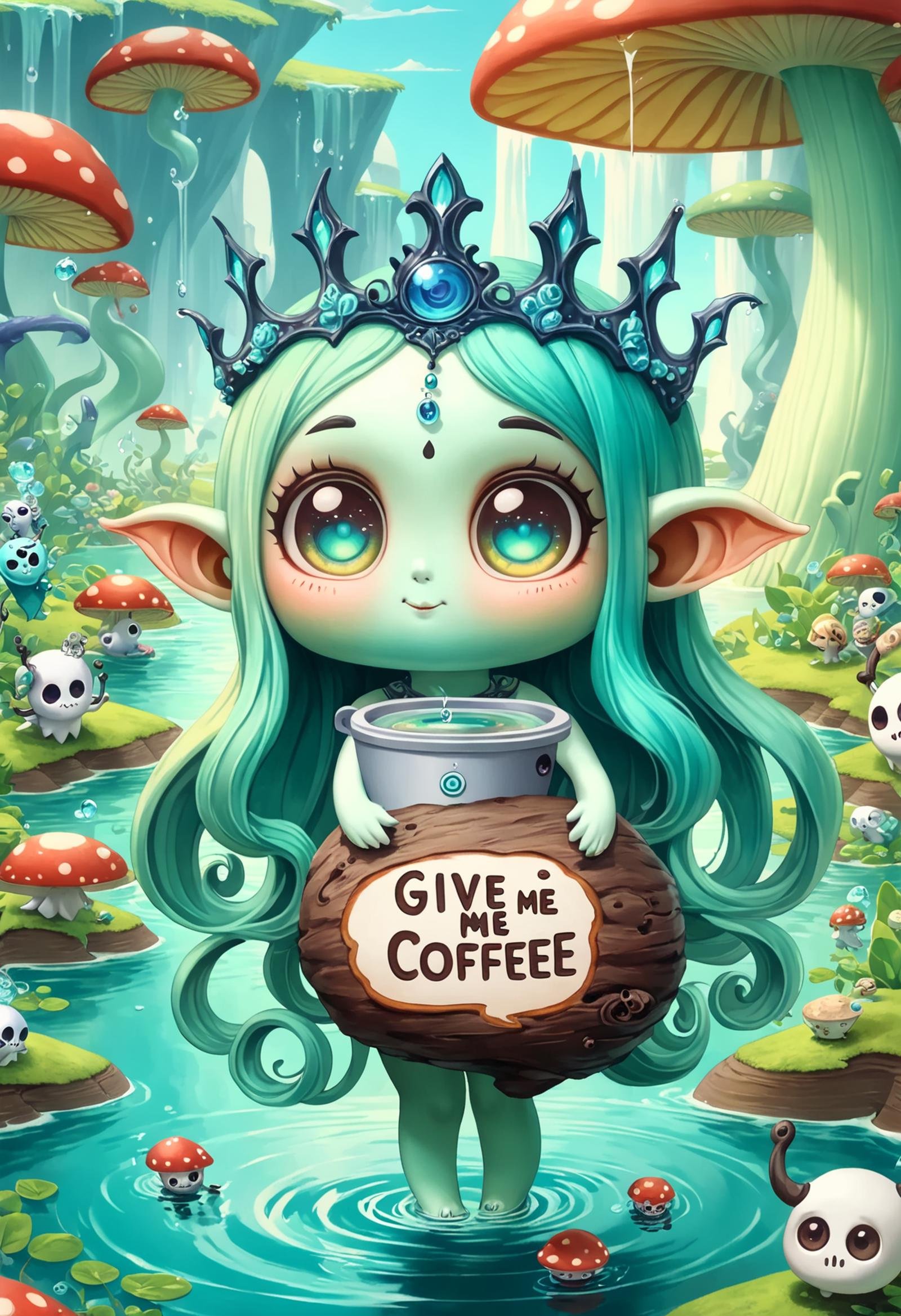 DonMK33pM3F3dXL text "Give me coffee", lich, Water nymphs, associated with bodies of water, depicted as beautiful and enchanting women, connection to the natural world, embodyment of the spirit and beauty of water   <lora:DonMK33pM3F3dXL:1>