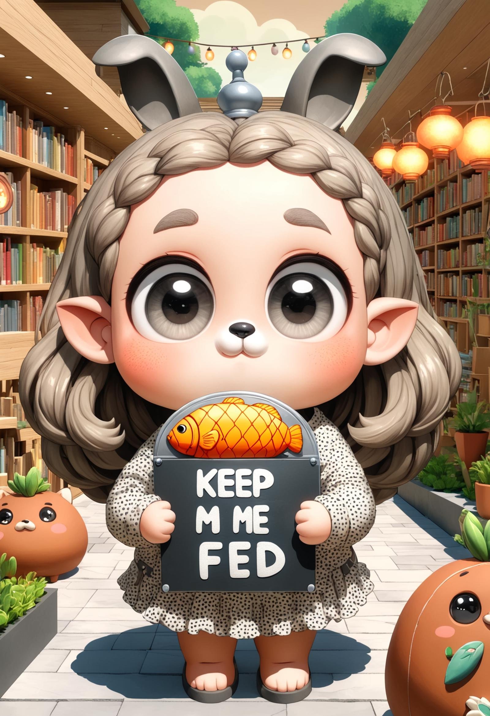 DonMK33pM3F3dXL text "Keep me fed", female eighteen, firm, greek, steel gray eyes, cupped ears, long nose, square chin with cleft,  asymmetrical cheeks, flat forehead,     , sandy blonde voluminous curls hair, hope wearing terry cloth    animal print ruffle hem skirt, polka dot    sepia    tulle sweater,   , hands on the forehead, displaying fatigue or exhaustion, libraries, metal cladding,slate,terracotta, lanterns with real flames, solar garden lights  <lora:DonMK33pM3F3dXL:1>