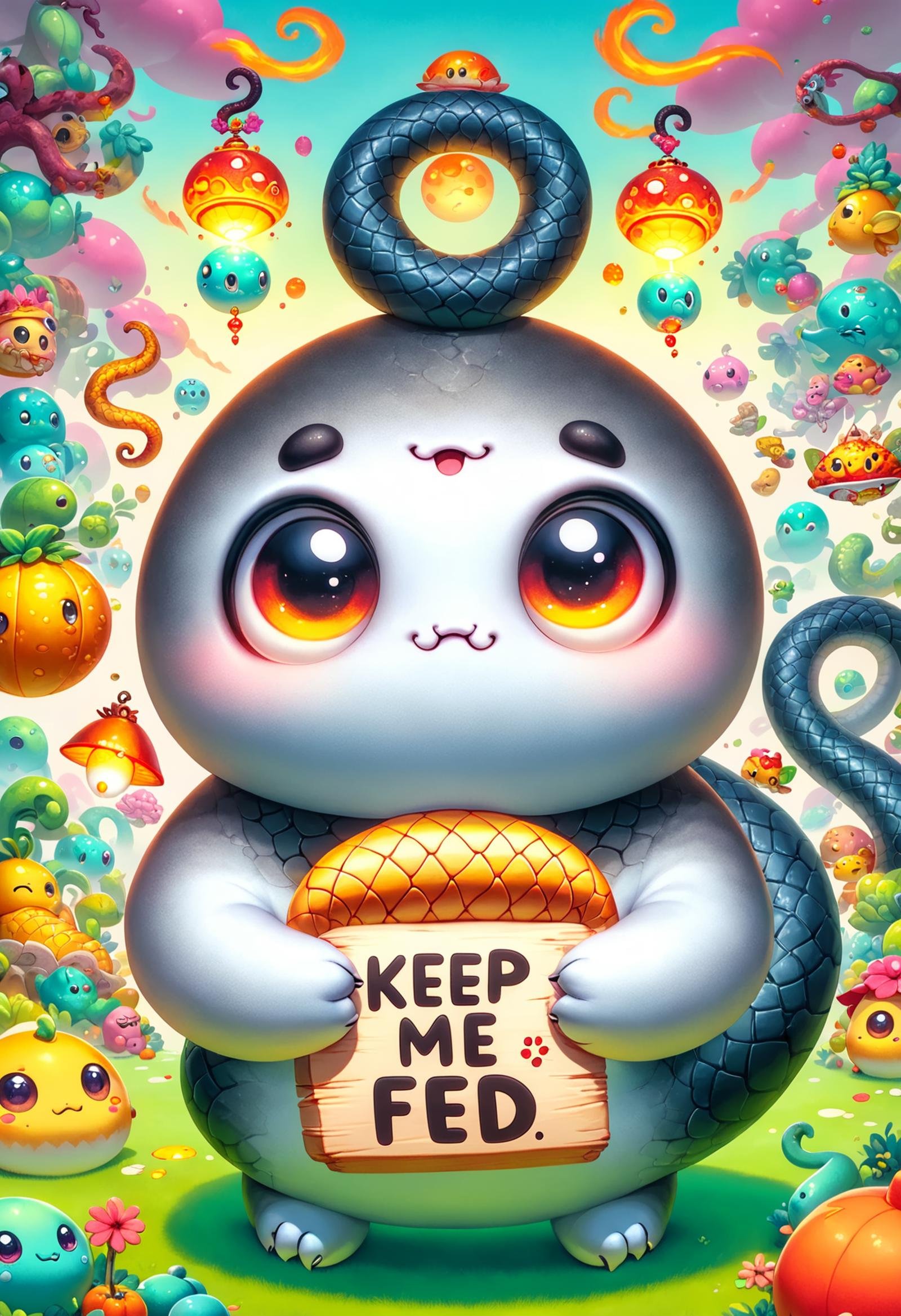 DonMK33pM3F3dXL text "Keep me fed", otherworldly umbra fire chinese stocky Serpent,   misty   <lora:DonMK33pM3F3dXL:1>