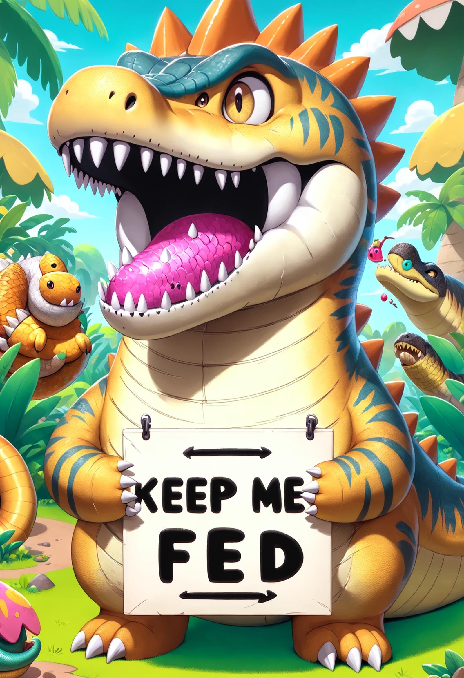 DonMK33pM3F3dXL text "Keep me fed", fusion of Baryonyx,Tigrex,anaconda   <lora:DonMK33pM3F3dXL:1>