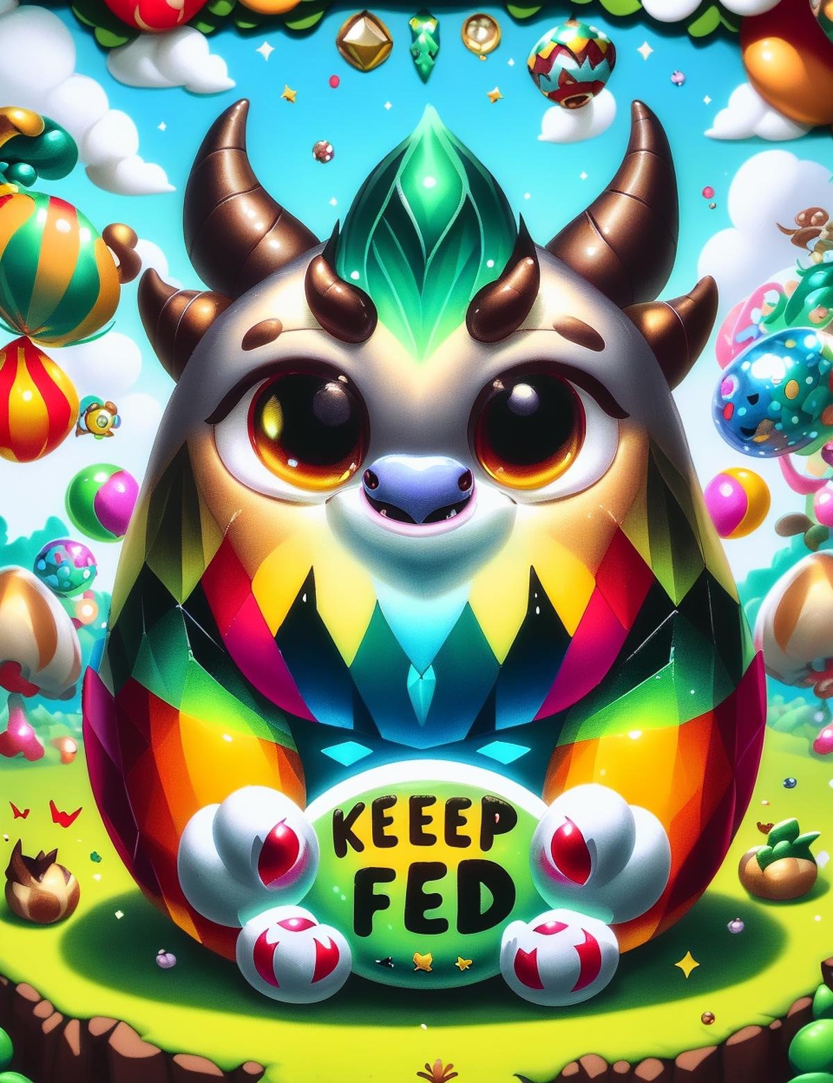 DonMK33pM3F3d text "Keep me fed", kachina, Mythical chimeric creature, dragon-like head,  hooves of a deer, tail of an ox, covered in brilliantly colored scales,  symbol of good luck and prosperity, gentle, powerful, wise, just, motivating,vanish,homely  <lora:DonMK33pM3F3d:1>