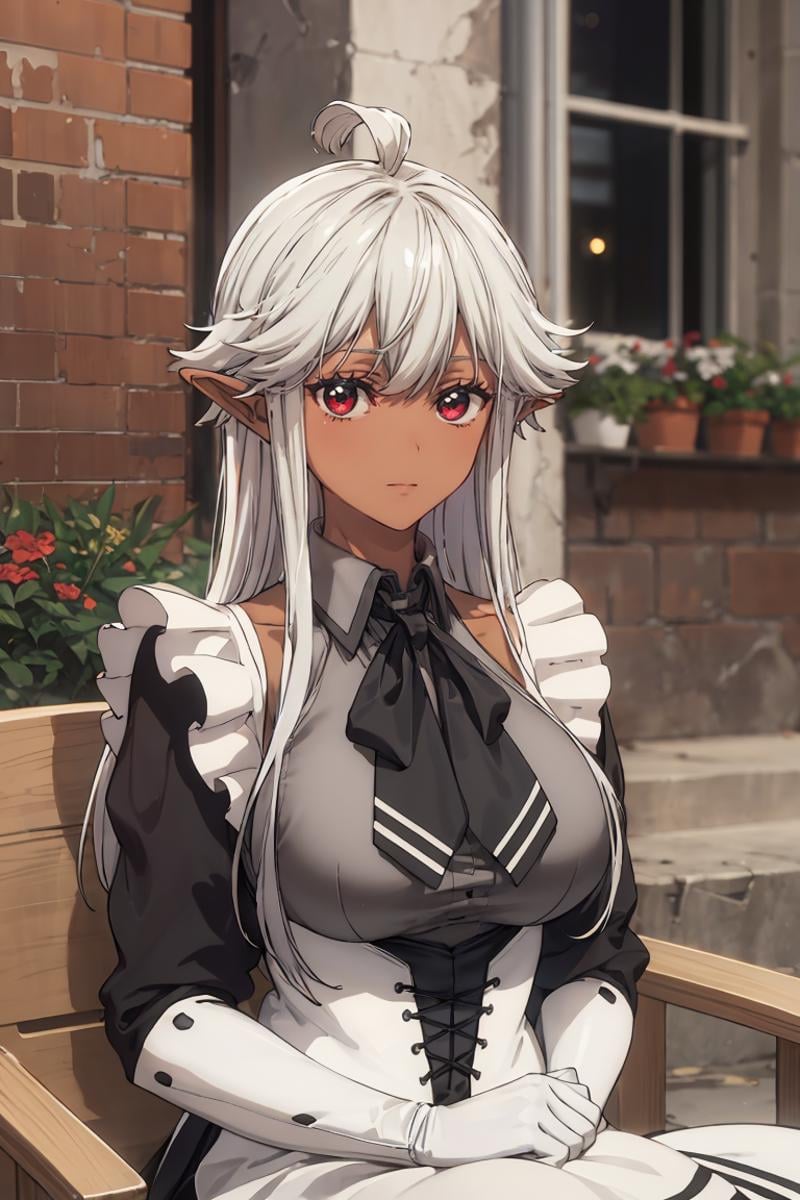 masterpiece, best quality, ultra-detailed, glistening shiny, glowing light, ray tracing, HDR, deph of field, (perfect face, detailed face), <lora:ReanetteElfelt:0.8>, reanette, long hair, pointy ears, dark-skinned female, sidelocks, large breasts, maid uniform, maid apron, grey shirt, black bowtie, white gloves, sitting