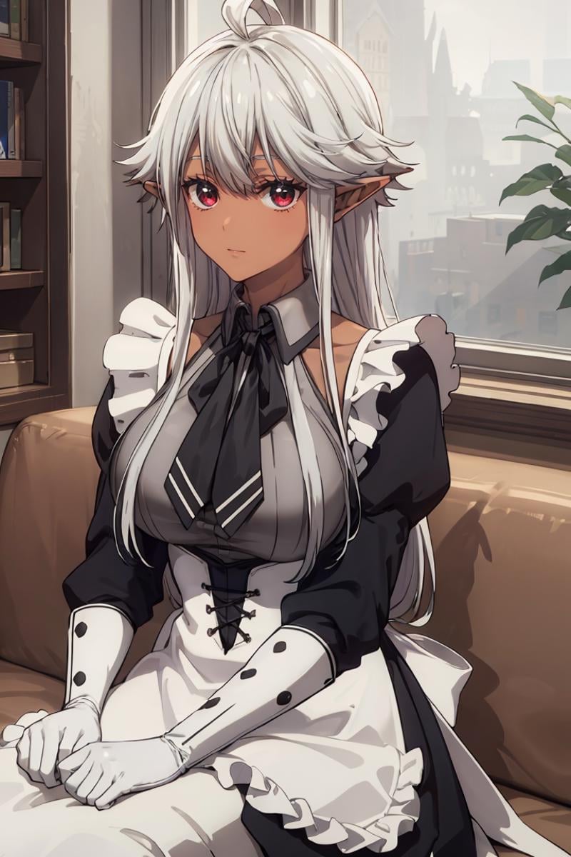 masterpiece, best quality, ultra-detailed, glistening shiny, glowing light, ray tracing, HDR, deph of field, (perfect face, detailed face), <lora:ReanetteElfelt:0.8>, reanette, long hair, pointy ears, dark-skinned female, sidelocks, large breasts, maid uniform, maid apron, grey shirt, black bowtie, white gloves, sitting