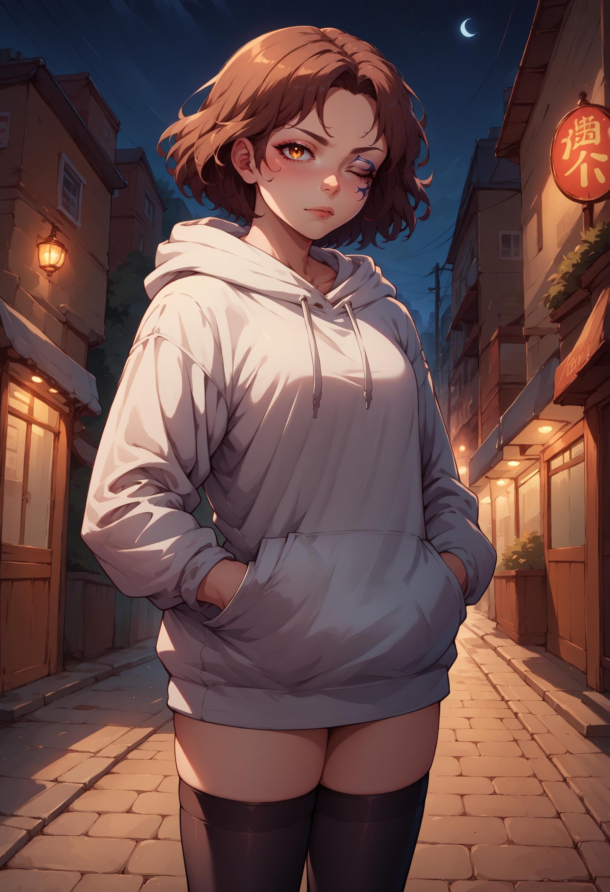 score_9, score_8_up, score_7_up, source_anime, IncrsMelina, one eye closed, facial tattoo, <lora:Melina_XLPD:1>, cowboy shot, white hoodie, night, black thighhighs, hands in pockets, street, 