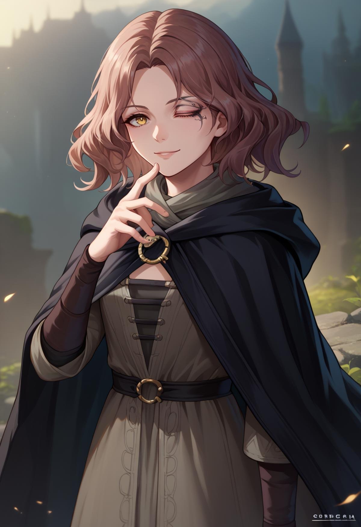 score_9, score_8_up, score_7_up, IncrsMelina, scar across eye, facial tattoo, one eye closed, brown hair, medium hair, yellow eyes, black cloak, hooded cloak, hood down, grey dress, long sleeves, cape, <lora:Melina_pdxl_Incrs_v2:1>, looking at viewer, seductive smile, 