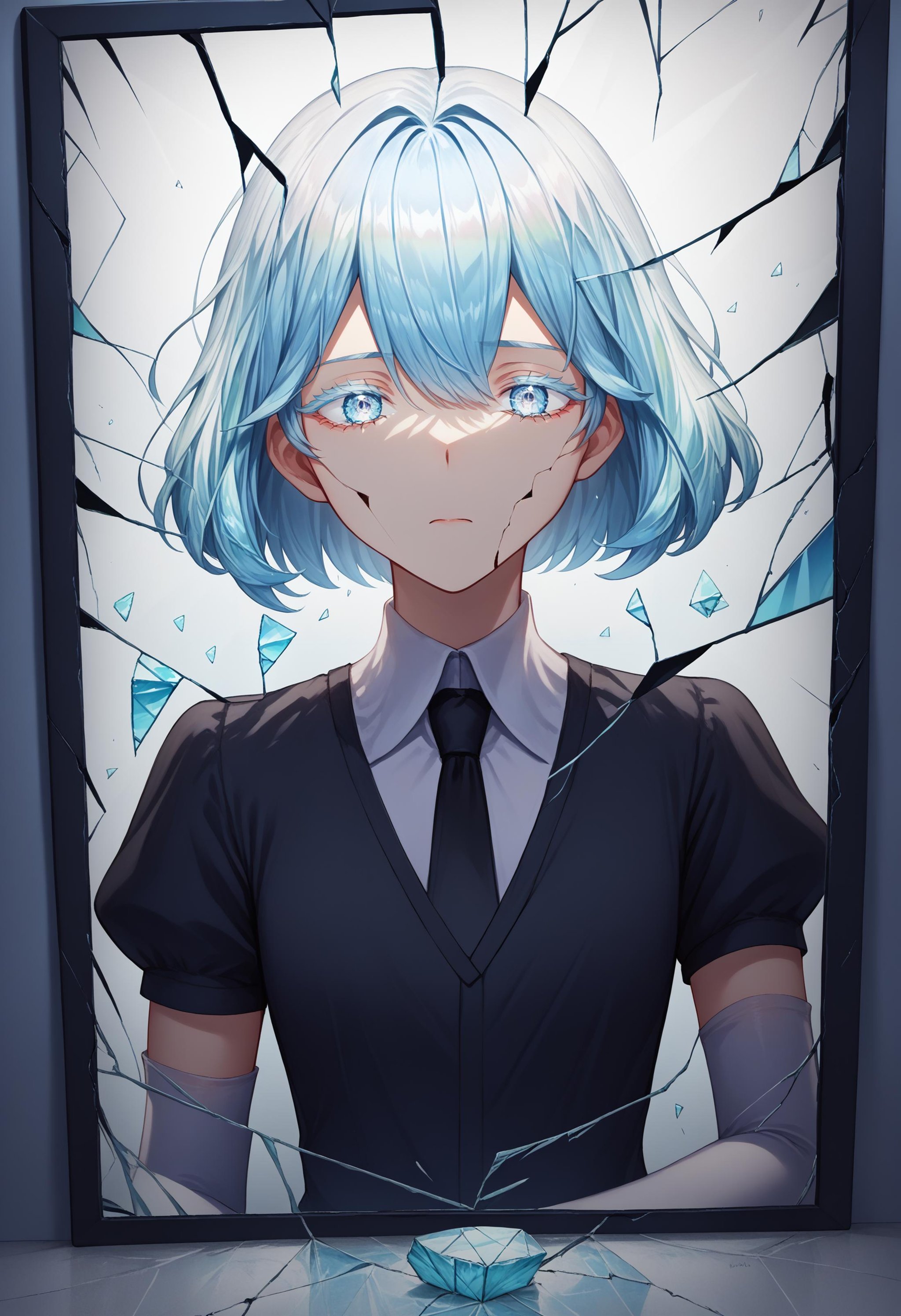 score_9, score_8_up, score_7_up, source_anime, 1girl, shattered, crack, cracked skin, broken glass, <lora:ShatteredGlass_XLPD:1>, <lora:Hoseki_HousekiNoKuni_Diamond_PDXL_v1:0.8> hskdmnd, crystal hair, colored eyelashes, multicolored hair, short hair, black shirt, puffy short sleeves, collared shirt, black necktie, elbow gloves, white gloves, black shorts, mirror, 