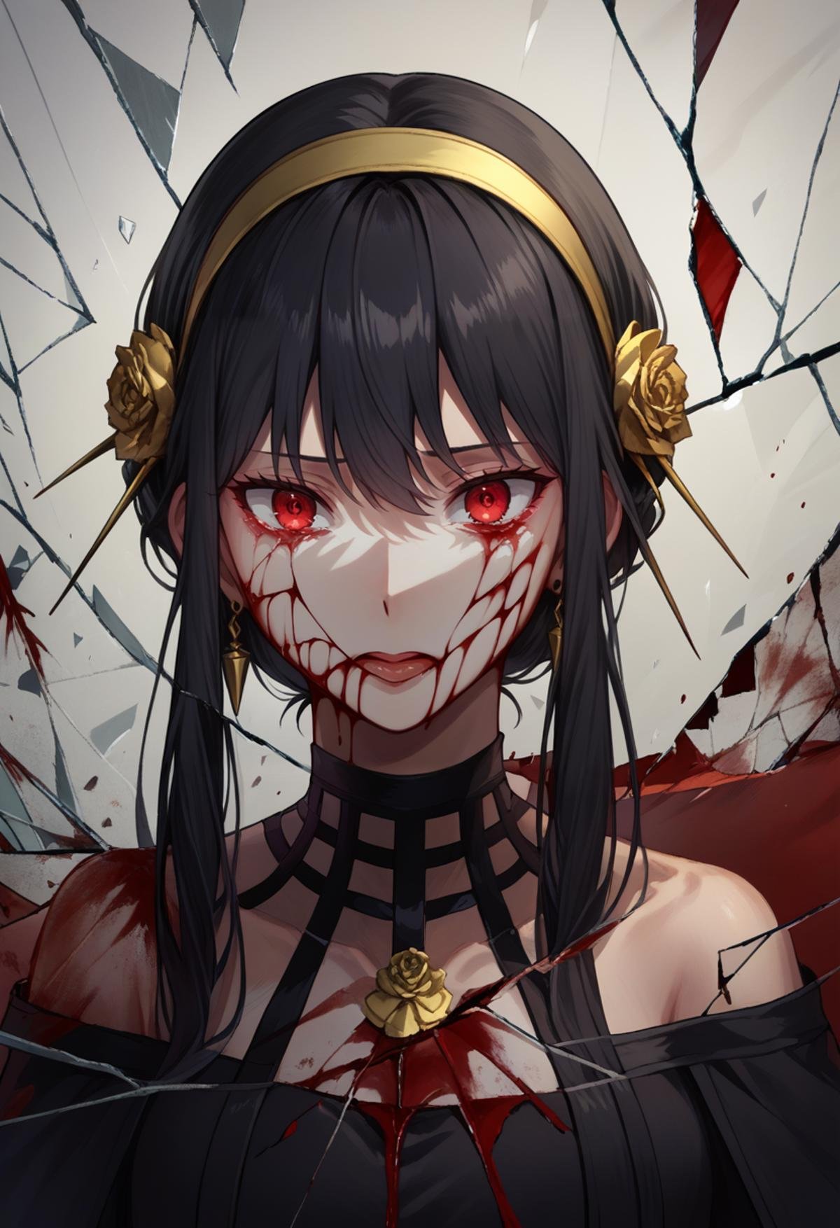 score_9, score_8_up, score_7_up, source_anime, 1girl, shattered, crack, cracked skin, broken glass, <lora:ShatteredGlass_XLPD:1>, upper body, yor briar, blood, blood on face, black hair, black dress, 