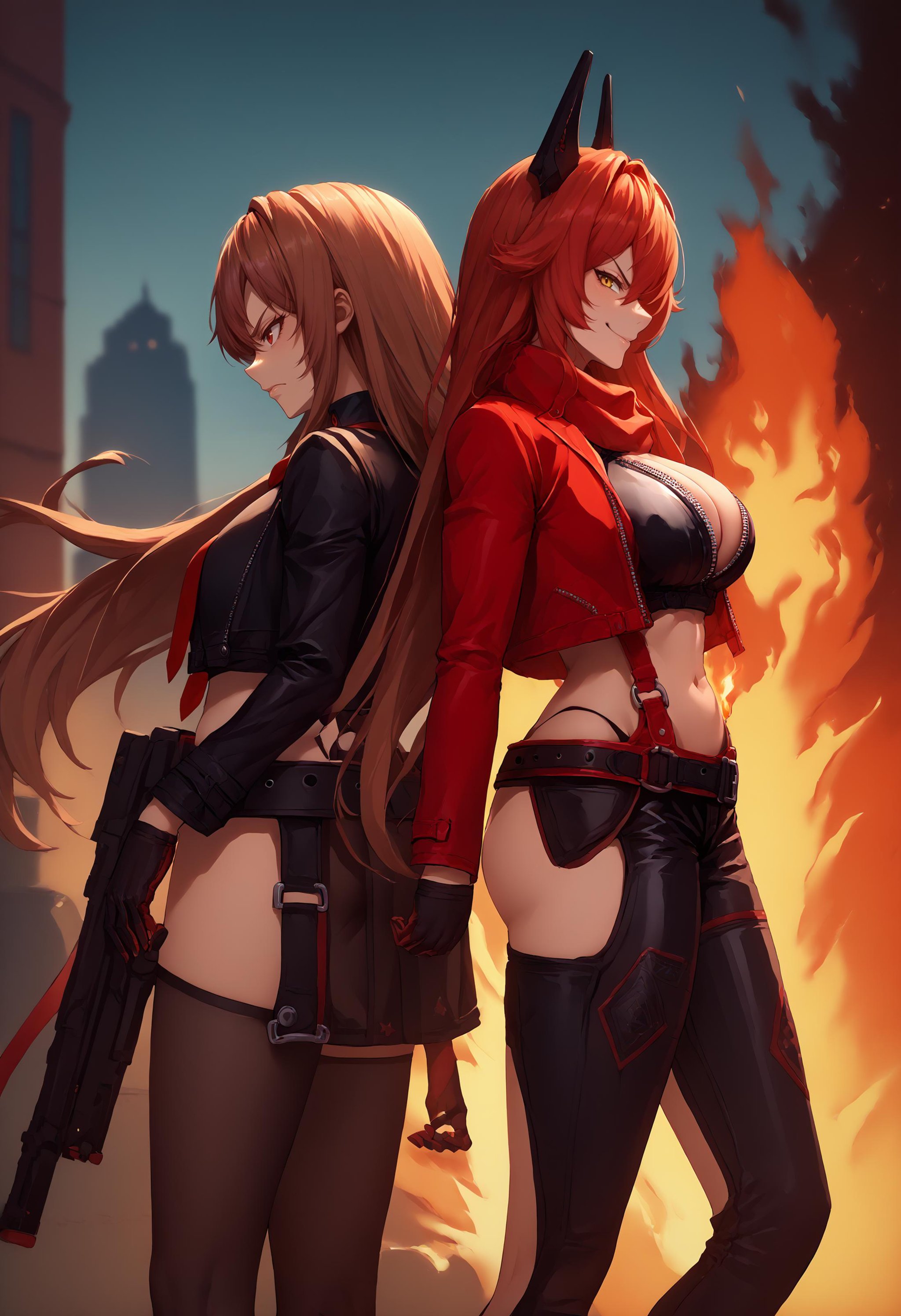 score_9, score_8_up, score_7_up, source_anime, 2girls, back-to-back, from side, <lora:BackToBack_XLPD:0.55>, explosion, building, fire, burning, BREAK <lora:rapi-nikke-richy-v1_pdxl:1> rapidef, red eyes, brown hair, long hair, bangs, beret, black jacket, cropped jacket, red necktie, gloves, black shirt, belt, thighhighs, holding gun, serious, BREAK <lora:redhood-nikke-richy-v1_pdxl:1> nikkeredhood, red hair, long hair, headgear, yellow eyes, red scarf, crop jacket, red jacket, black shrug \(clothing\), navel, midriff, zipper, cleavage, large breasts, suspenders, fingerless gloves, belt, black pants, asymmetrical legwear, hip vent, smirk, 