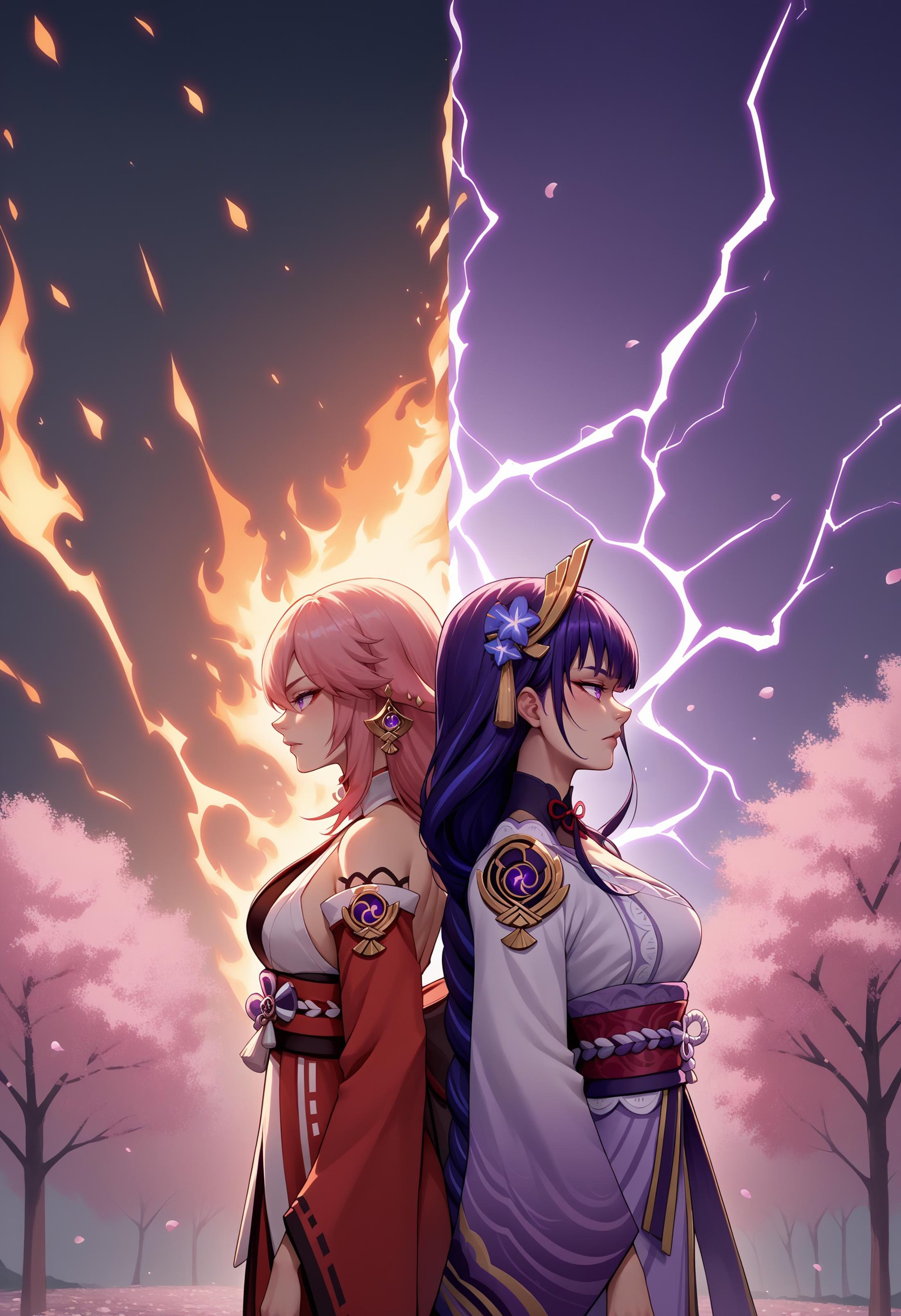 score_9, score_8_up, score_7_up, source_anime, 2girls, yae miko, raiden shogun, back-to-back, from side, <lora:BackToBack_XLPD-000008:1.0>, outdoors, cherry blossoms, burning, electricity,