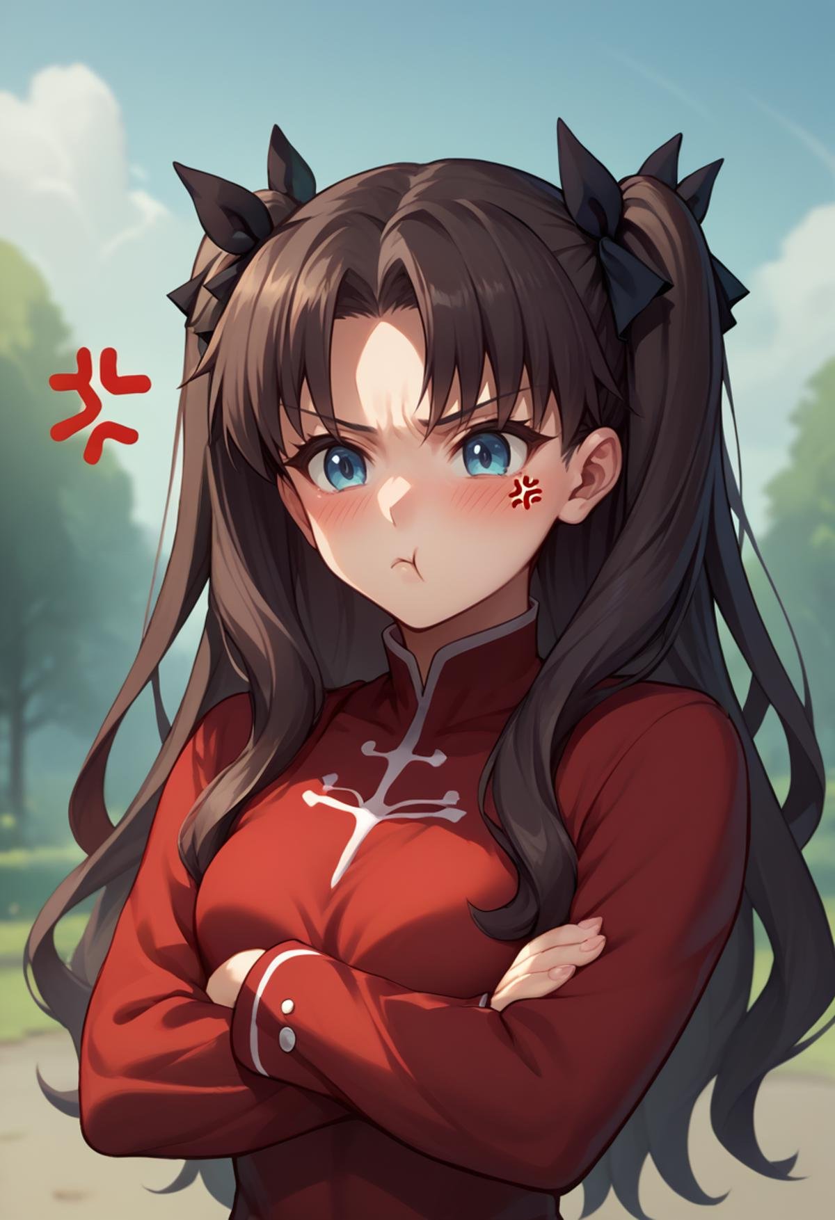 score_9, score_8_up, score_7_up, source_anime, upper body, outdoors, 1girl, pout, :t, closed mouth, <lora:Pout_XLPD:1.2>, tohsaka rin, anger vein, blush, crossed arms, 