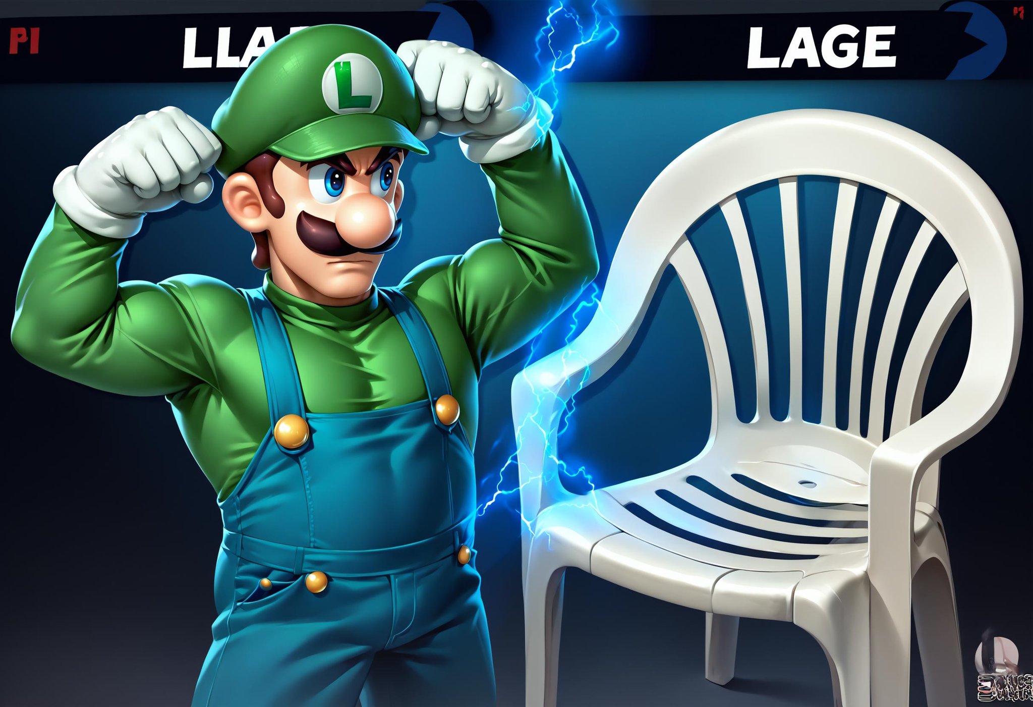 score_9, score_8_up, score_7_up, source_anime, incrsssbuvs, electricity, <lora:SSBUVSScreen_XLPD:0.5>,BREAK 1boy, <lora:Luigi_XLPD:0.8> Incrsluigi, luigi, green headwear, blue overalls, white gloves, long sleeves, muscular male, flexing,BREAK <lora:PlasticChair_XLPD:1>, plastic chair, no humans, 