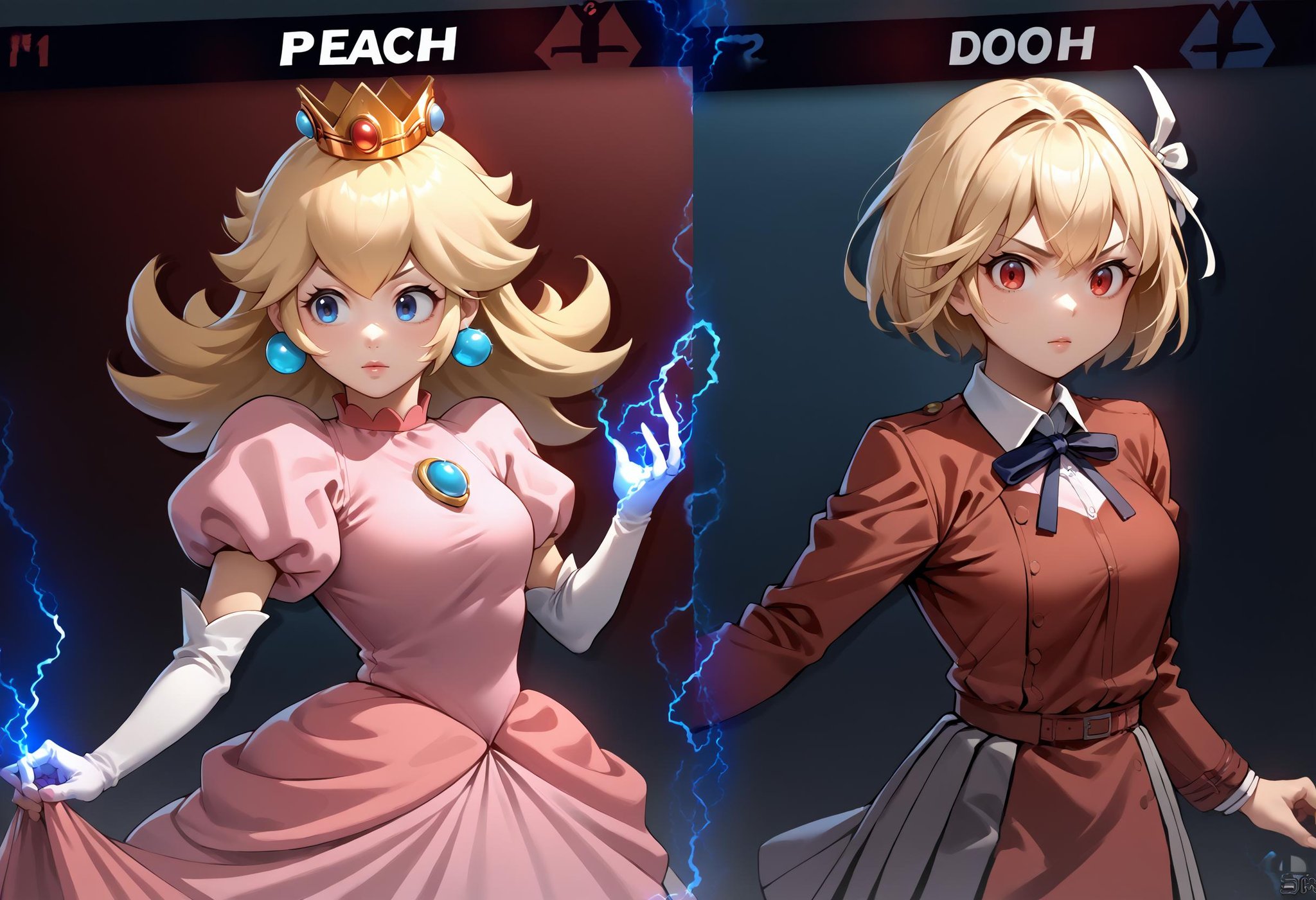 score_9, score_8_up, score_7_up, source_anime, incrsssbuvs, electricity, <lora:SSBUVSScreen_XLPD:0.5>,BREAK 1girl,  <lora:PrincessPeach_XLPD:0.8>, princess peach, pink dress, elbow gloves, crown,BREAK 1girl,  <lora:Hoseki_LycorisRecoil_ChisatoNishikigi_PDXL_v1:0.8> chstnshkg, red eyes, short hair, hair ribbon, two-tone dress, pleated dress, red dress, grey dress, neck ribbon, long sleeves, collared shirt,