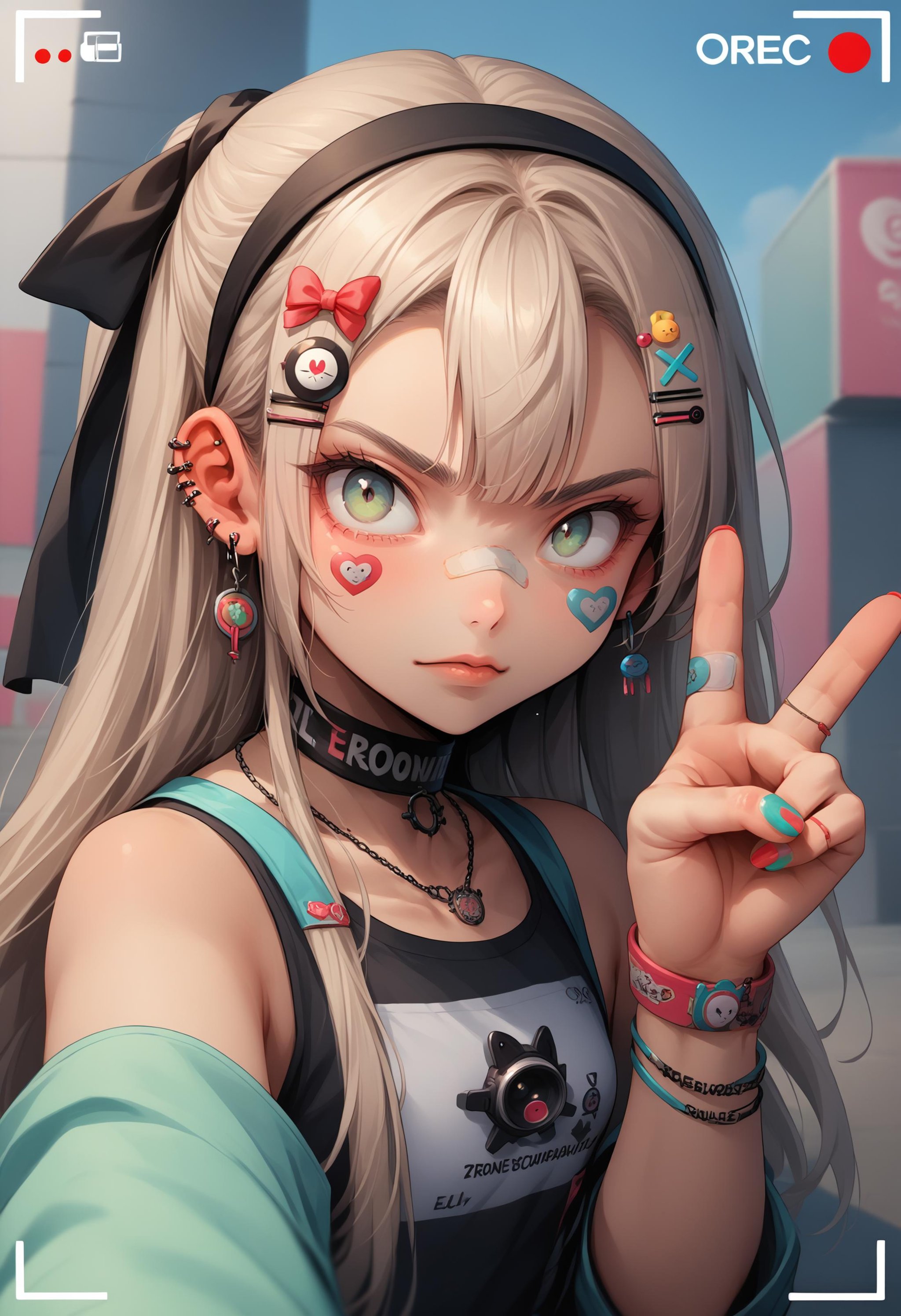 score_9, score_8_up, score_7_up, source_anime, 1girl, jewelry, sticker, hair ornament, hairclip, ear piercing, bandaid on face, ring, choker, necklace, bandaid on hand, tattoo, <lora:ArtstyleStickerV2_XLPD:1.25>, colorful,  <lora:elie-pdxl-nvwls-v1:1> zeroElie, black hairband, hair ribbon, long hair, v, pov, from side, peace sign, nail polish, viewfinder, camera, 