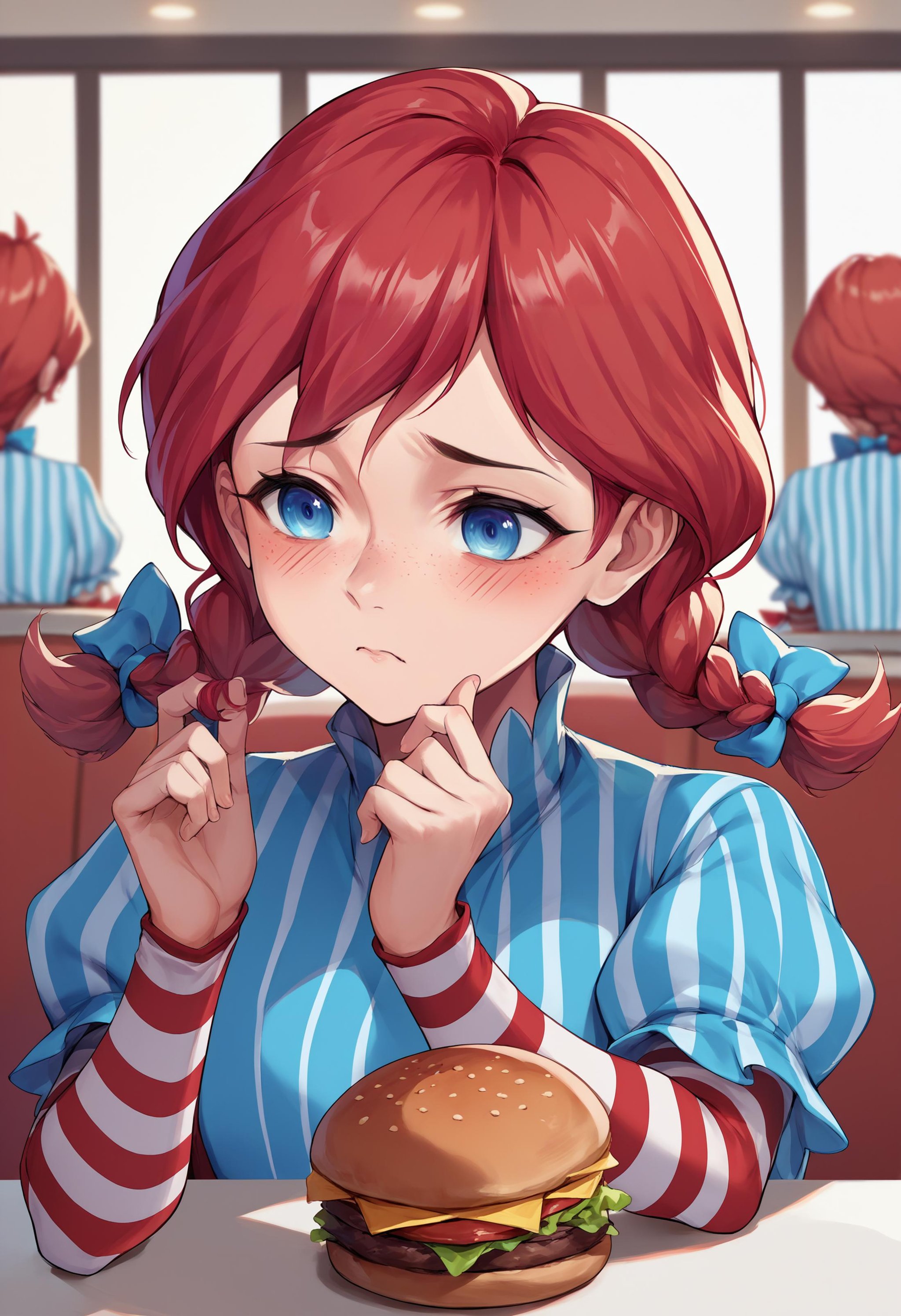 score_9, score_8_up, score_7_up, source_anime, 1girl, twirling hair, <lora:TwirlingHair_XLPD:1.2>, blush, shy, wendy \(wendy's\), wendy's, twin braids, hair bow, red hair, indoors, restaurant, burger, upper body, hand up, 