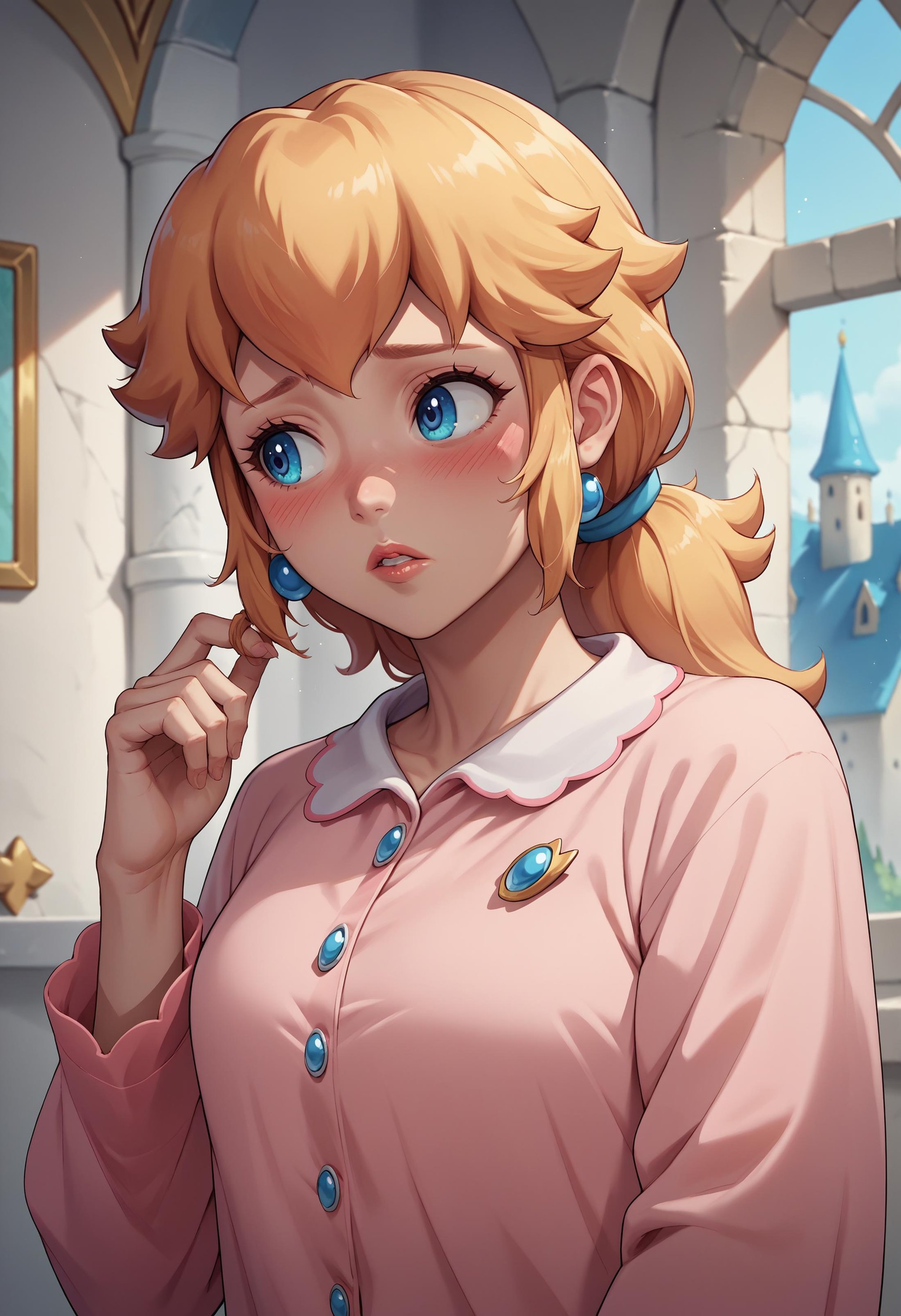 score_9, score_8_up, score_7_up, source_anime, 1girl, twirling hair, <lora:TwirlingHair_XLPD:1>, blush, shy, princess peach, casual, indoors, castle, parted lips, pajamas, upper body, low ponytail, hand up, looking away, 