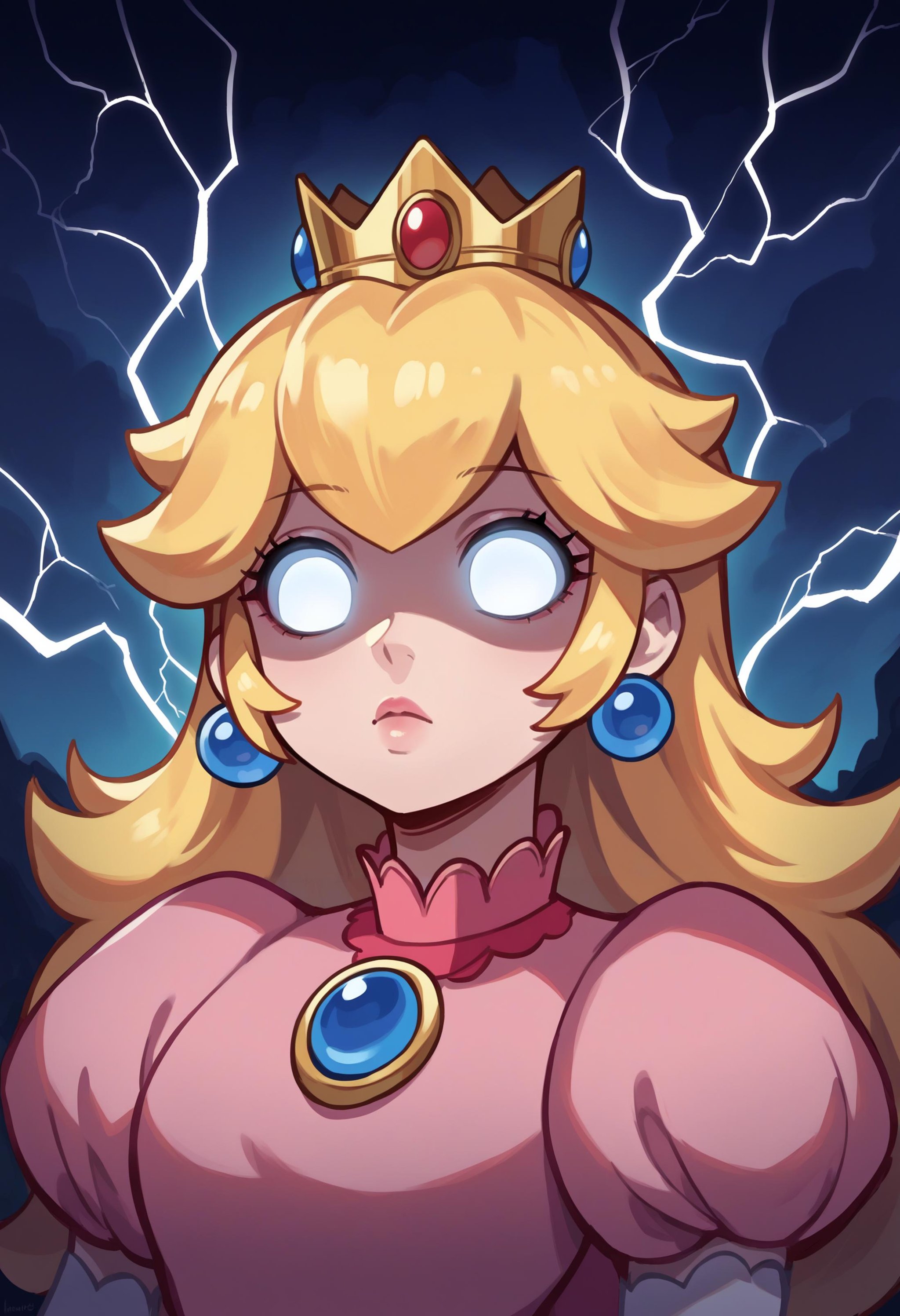 score_9, score_8_up, source_anime, 1girl, incrslowtier, <lora:KYS_XLPD:1.3>, electricity, upper body, glowing eyes, no eyes, expressionless, princess peach, pink dress, crown, 