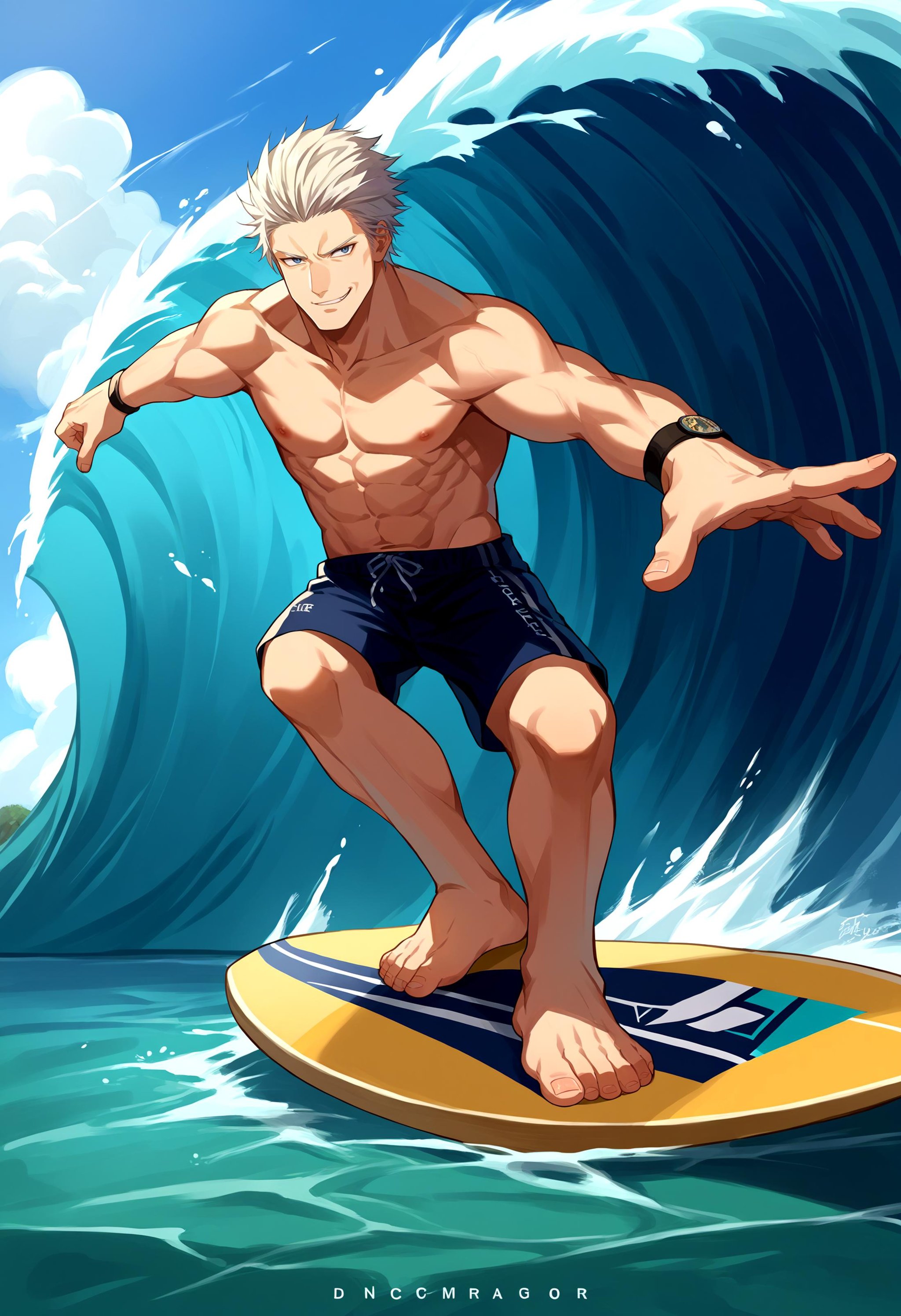 score_9, score_8_up, source_anime, 1boy, incrssurfing, surfing, swimsuit, barefoot, surfboard, <lora:Surfing_XLPD:1>, <lora:dmc5_vergil_ponyXL:1>, dmc5vergil, smirk, 