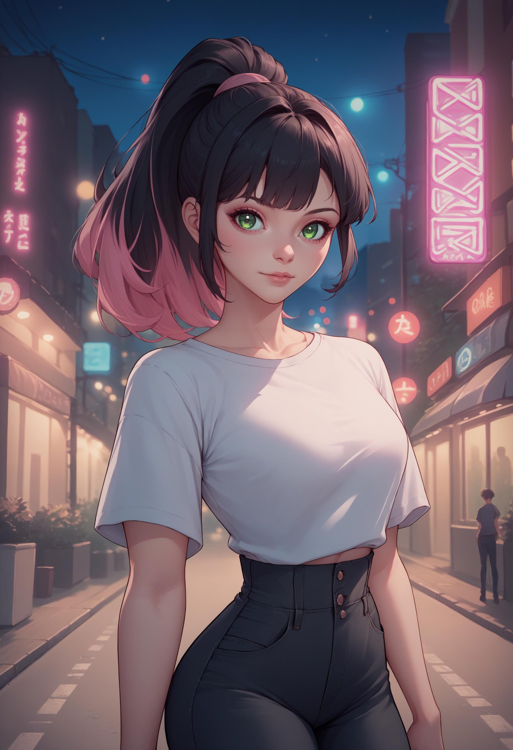 score_9, score_8_up, score_7_up, source_anime, 1girl, outside, modern city street, night,neon lights, bokeh, depth of field, pink IncursioDipDyedHair, black hair, ponytail, high-waist pants, looking at viewer, shirt, <lora:DipDyedHairXLPD-000009:1>, green eyes, 